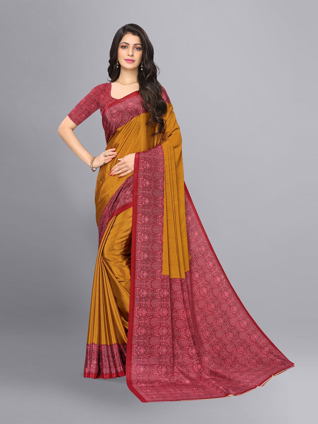 

VIMLA Mustard & Red Floral Art Silk Tussar Saree