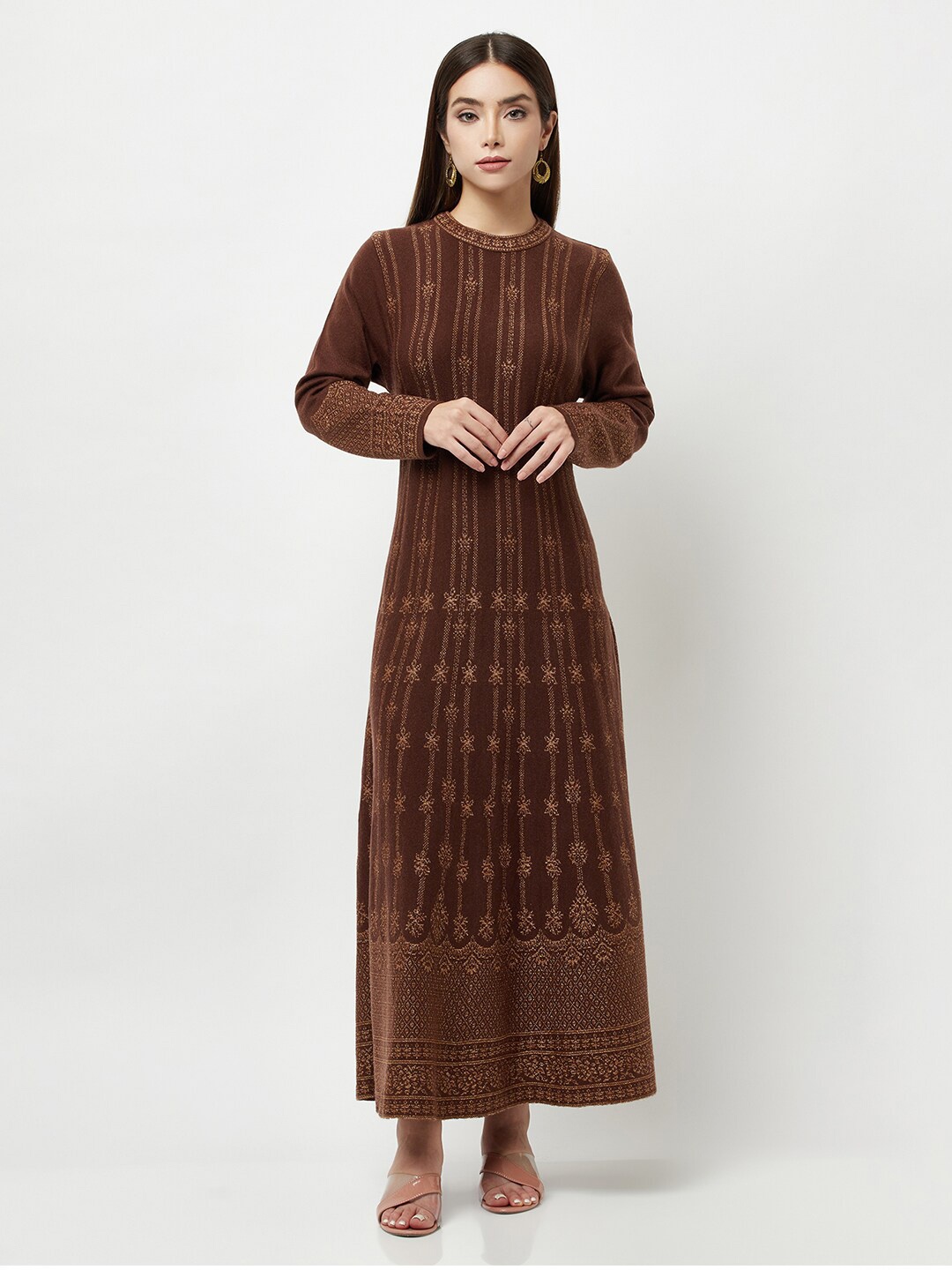 

Knitstudio Brown & Gold-Toned Ethnic Motifs Printed Acrylic Ethnic Dress