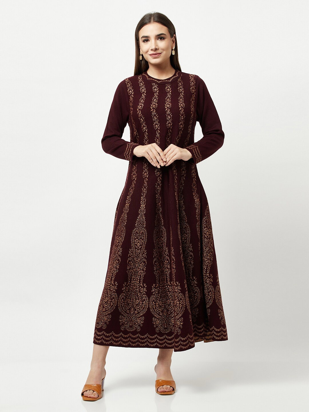 

Knitstudio Women Ethnic Motifs Printed Knitted A line Maxi Dress, Maroon