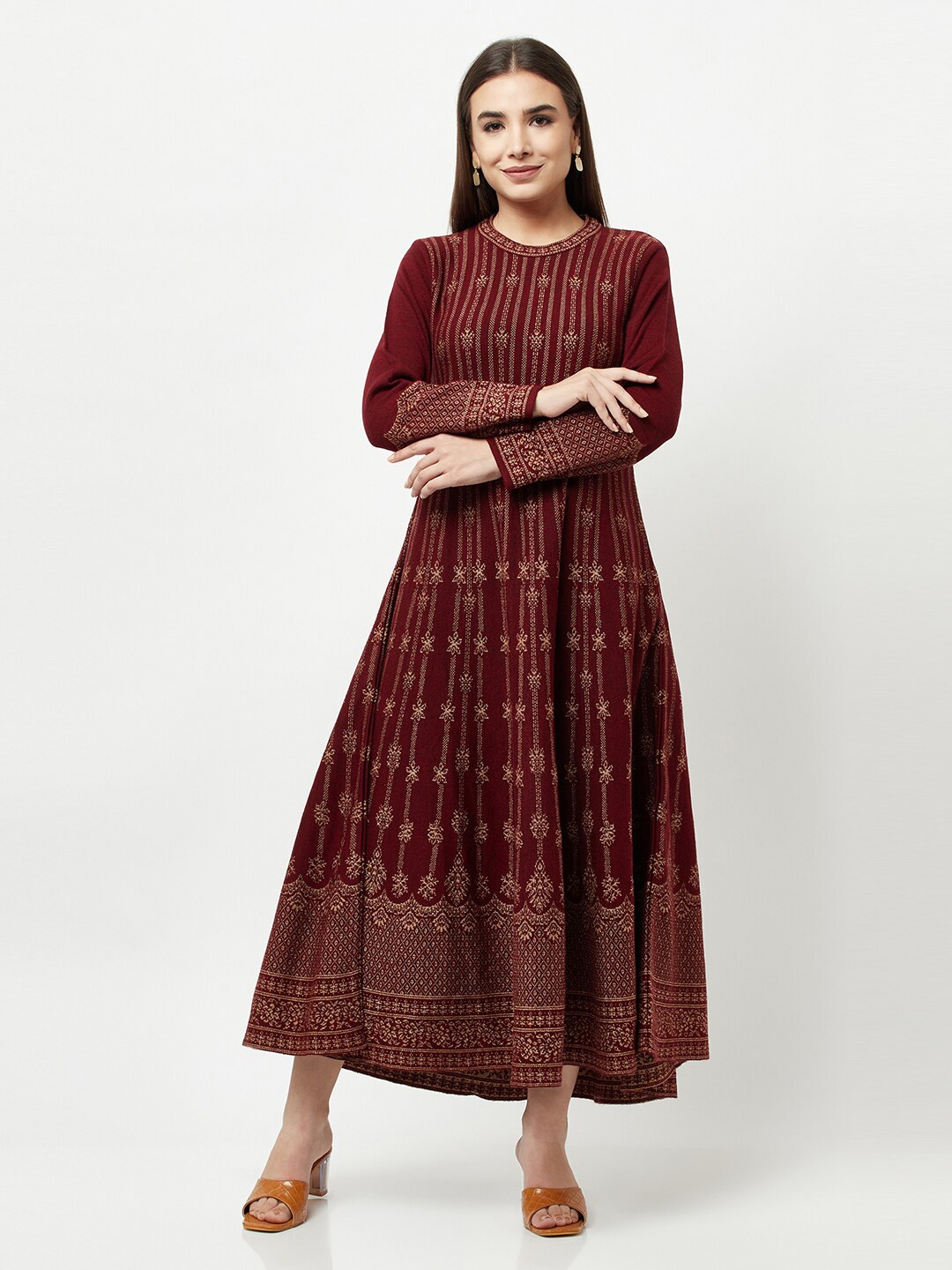 

Knitstudio Women Maroon Ethnic Motifs Printed Knitted Ethnic Dress