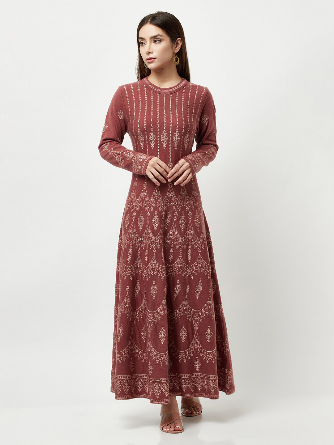 

Knitstudio Women Ethnic Motifs Printed Knitted Acrylic Aline Maxi Dress, Brown