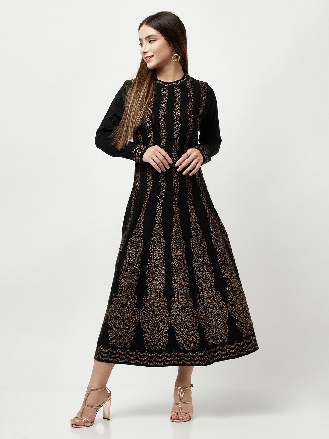 

Knitstudio Black & Golden Floral Acrylic Ethnic Dress