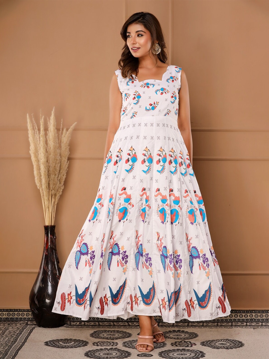 

FabbibaPrints Women Off White And Blue Floral Print Sleeveless Cotton Fit And Flare Dress