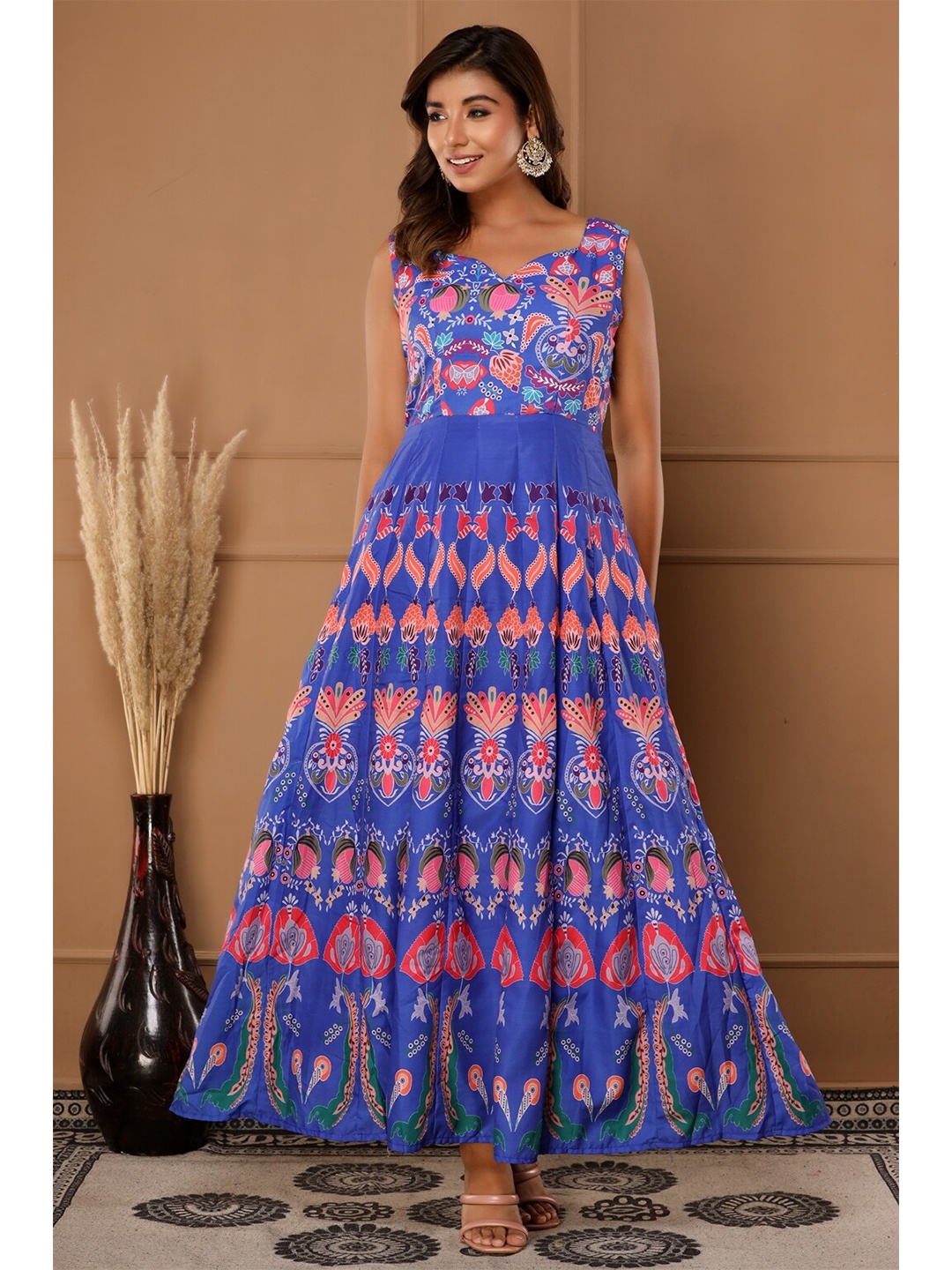 

FabbibaPrints Women Blue And Pink Floral Print Sleeveless Cotton Fit And Flare Maxi Dress