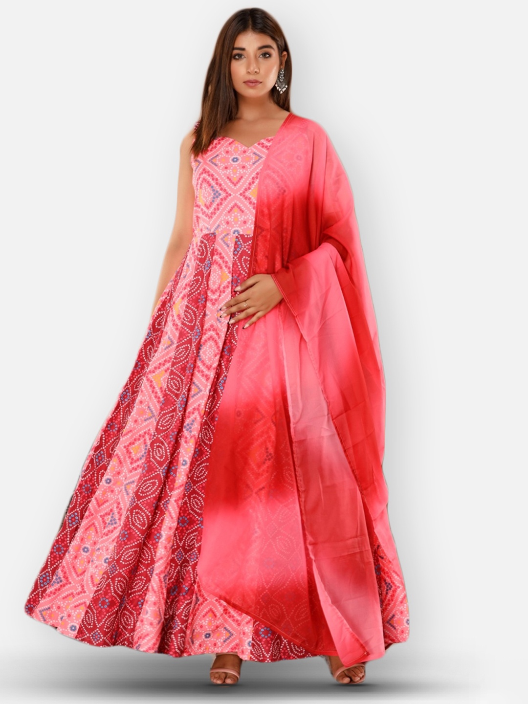 

FabbibaPrints Women Pink Bandhani Printed Cotton Anarkali Kurta With Dupatta