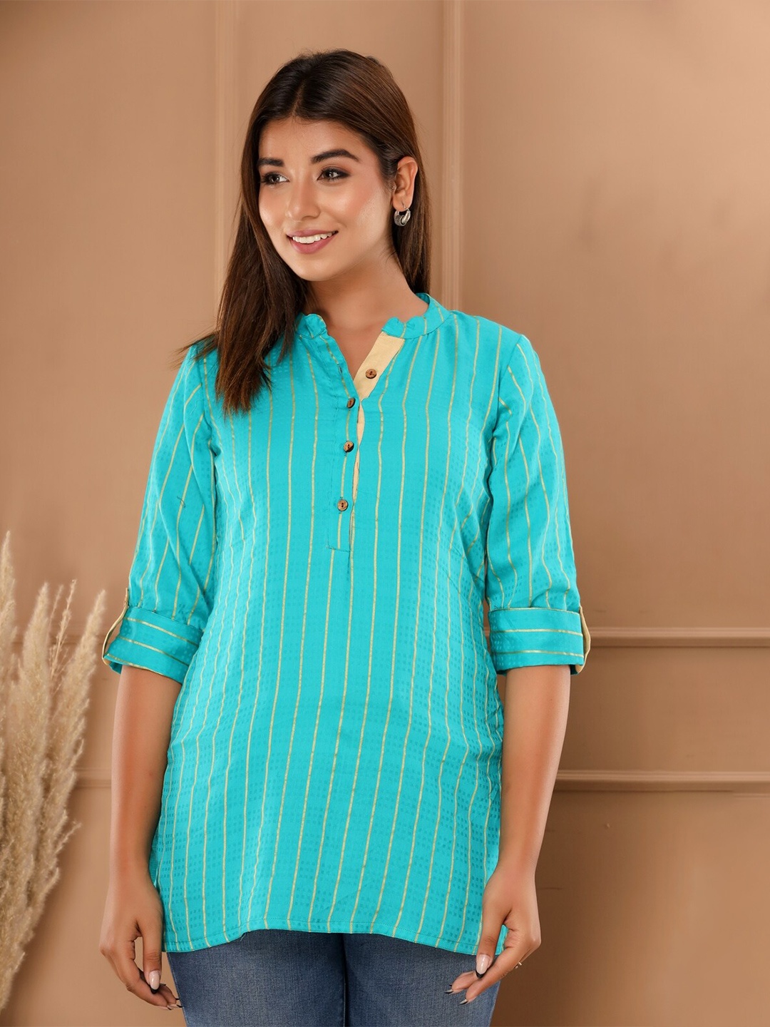 

FabbibaPrints Turquoise Blue & Yellow Mandarin Collar Striped Tunic