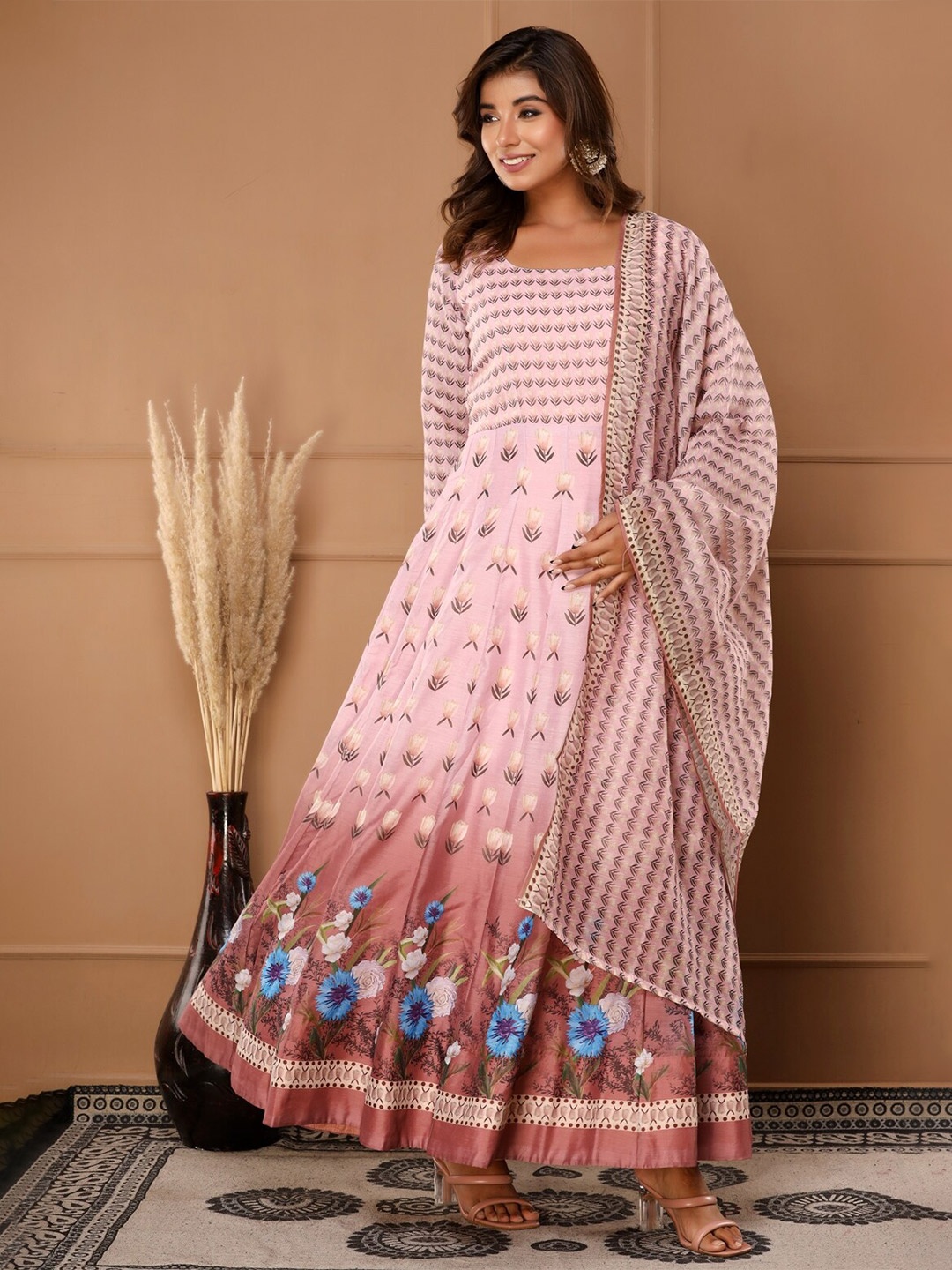 

FabbibaPrints Women Pink & Blue Floral Printed A-Line Maxi Dress with Dupatta