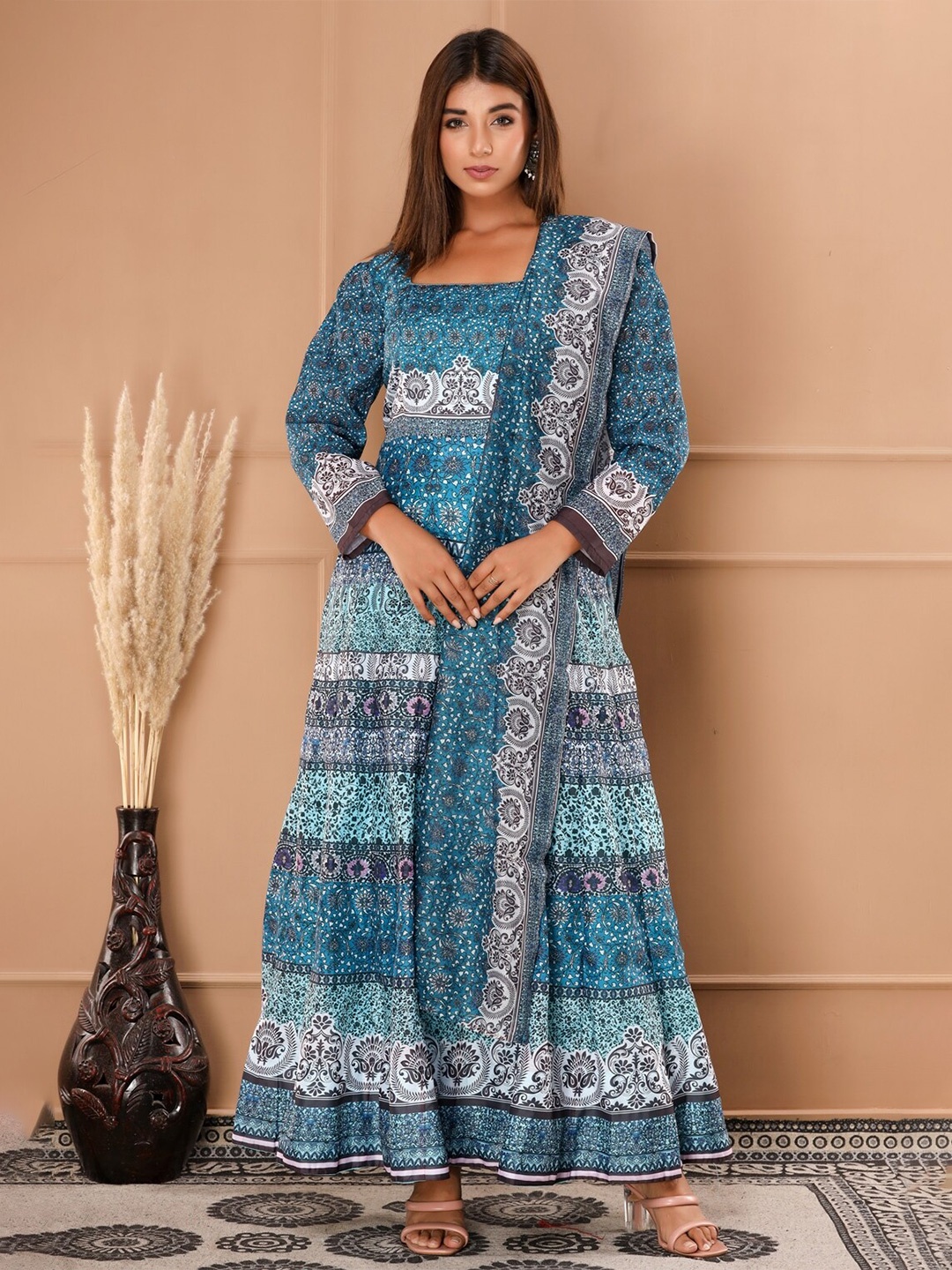 

FabbibaPrints Blue & Grey Ethnic Motifs A-Line Maxi Dress