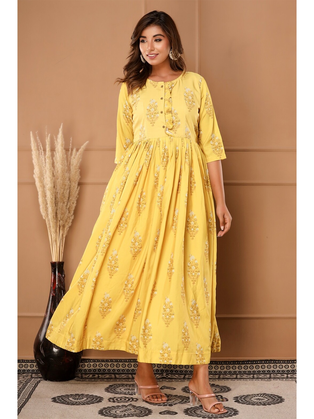 

FabbibaPrints Women Yellow Floral Printed Cotton A-Line Maxi Dress