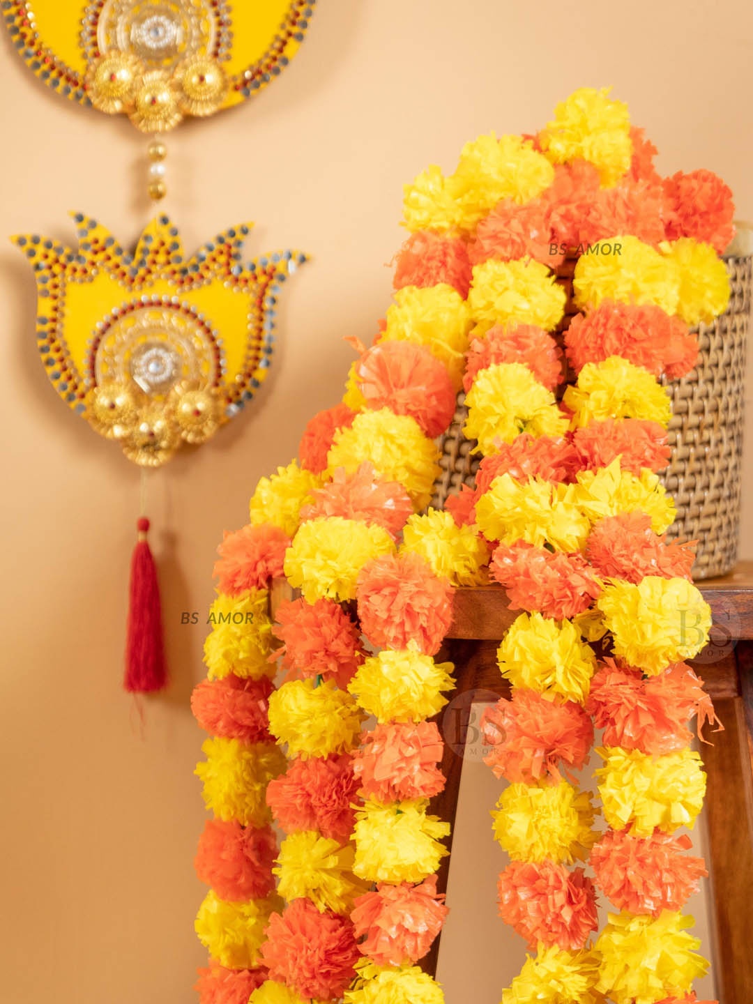 

BS AMOR Pack Of 10 Yellow & Orange Marigold Wall Hanging Artificial Flowers
