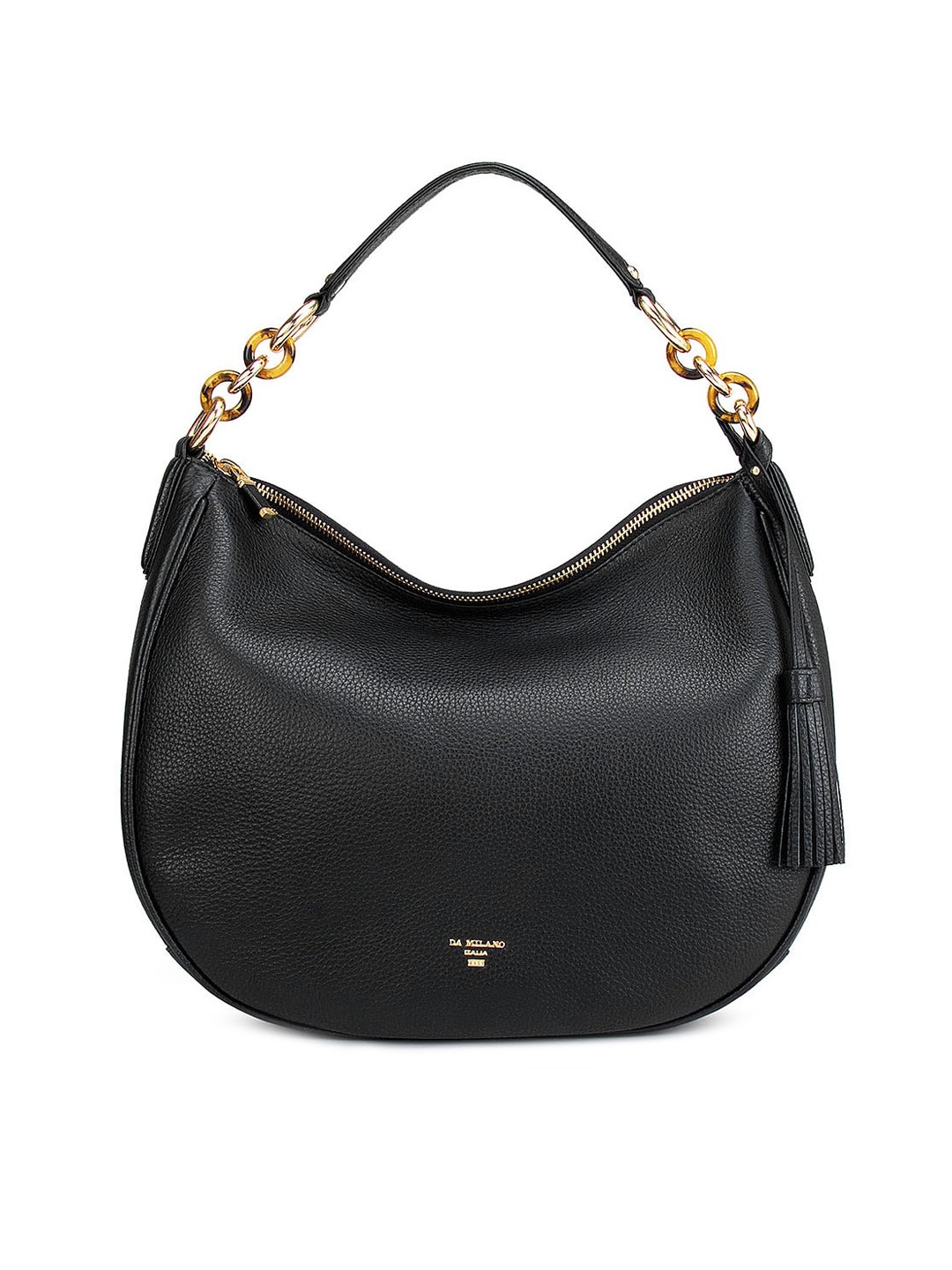 

Da Milano Women Black Leather Half Moon Hobo Bag with Tasselled