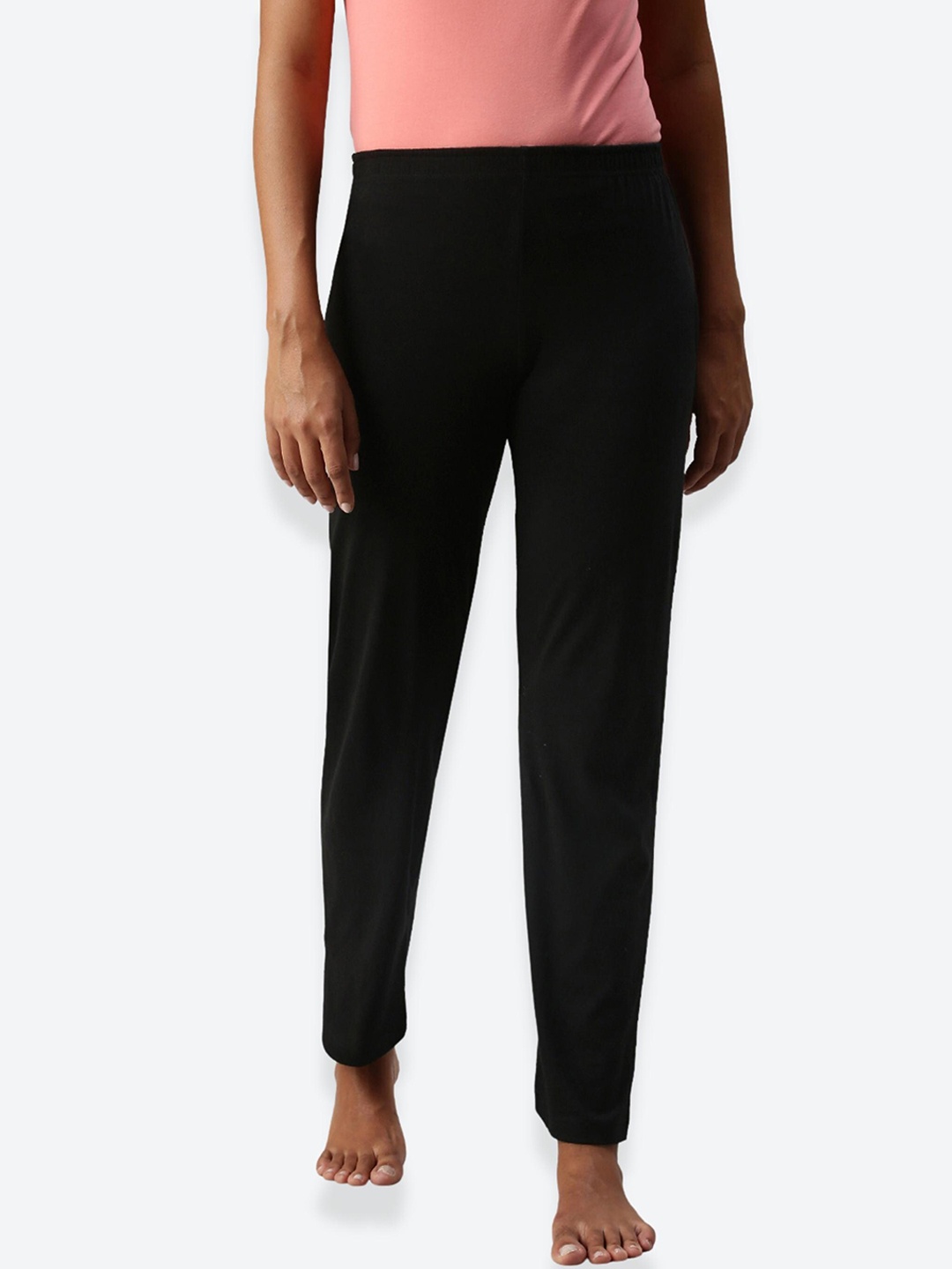 

NOT YET by us Women Solid Mid-Rise Straight Fit Pure Cotton Lounge Pants, Black