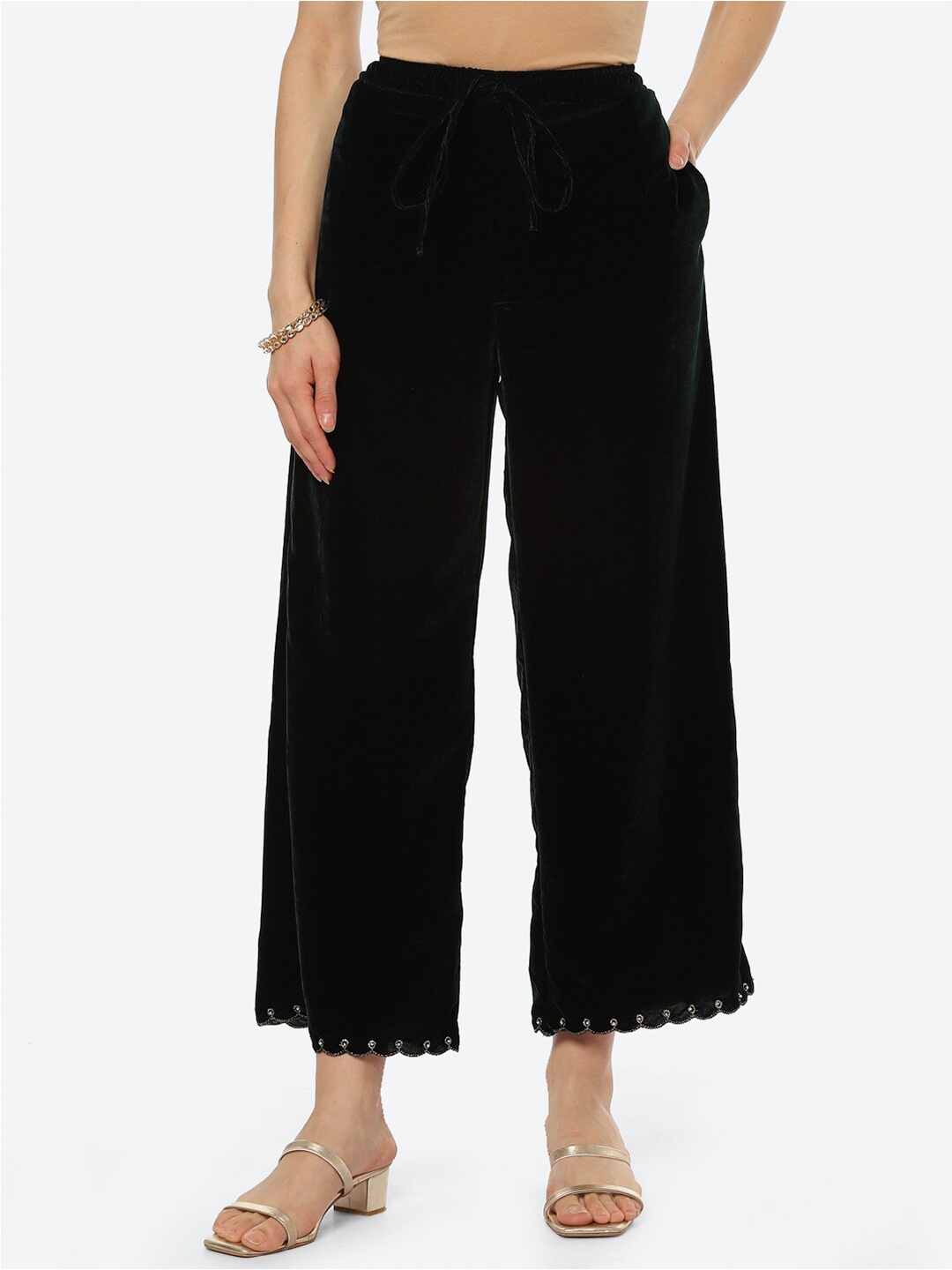 

Biba Women Black Solid Wide Leg Velvet Ethnic Palazzos