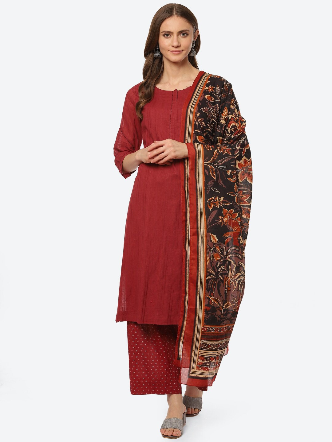 

Biba Women Maroon Self Design Kurta with Palazzos & Dupatta