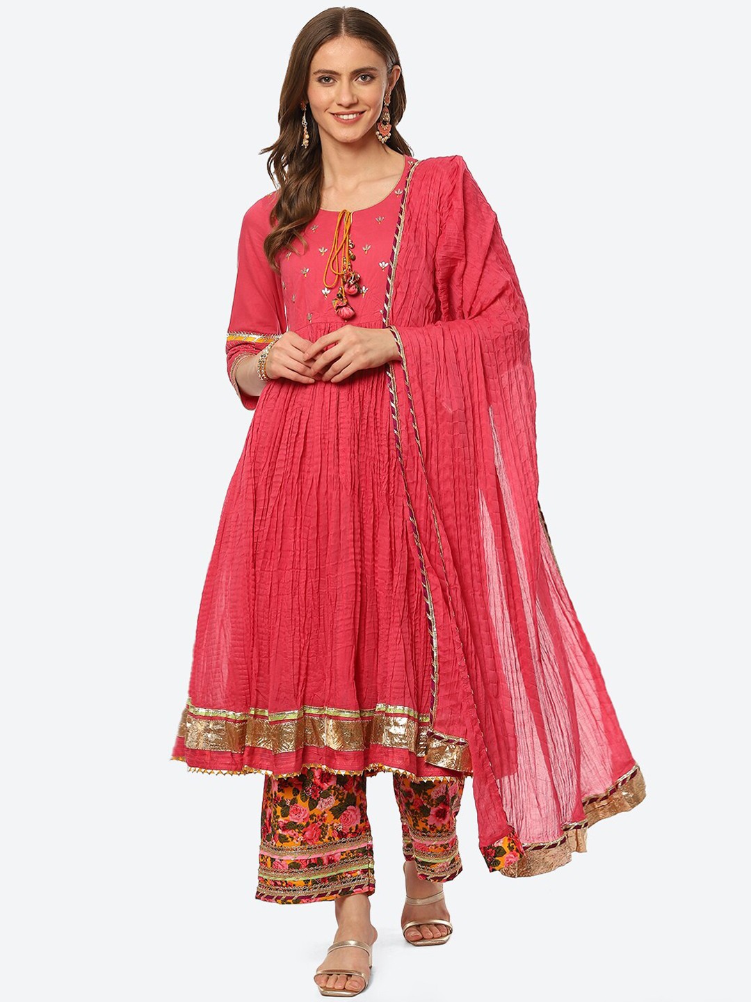 

Biba Women Plus Size Pink Ethnic Motifs Embroidered Gotta Patti Kurta Set