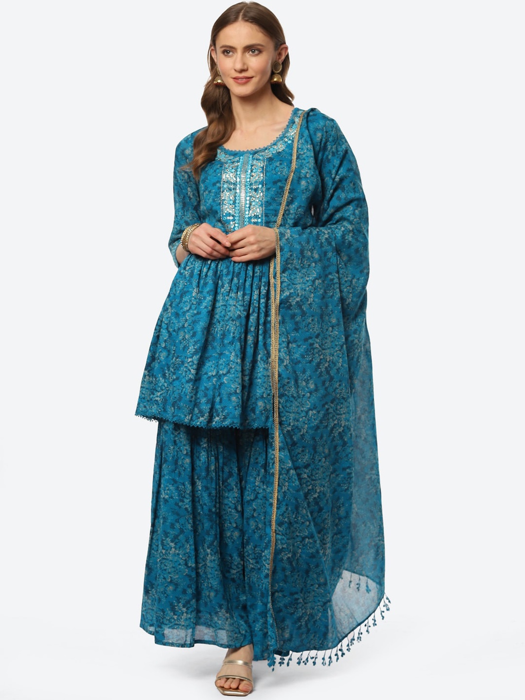 

Biba Women Teal Floral Printed Sequinned Kurta with Sharara & With Dupatta