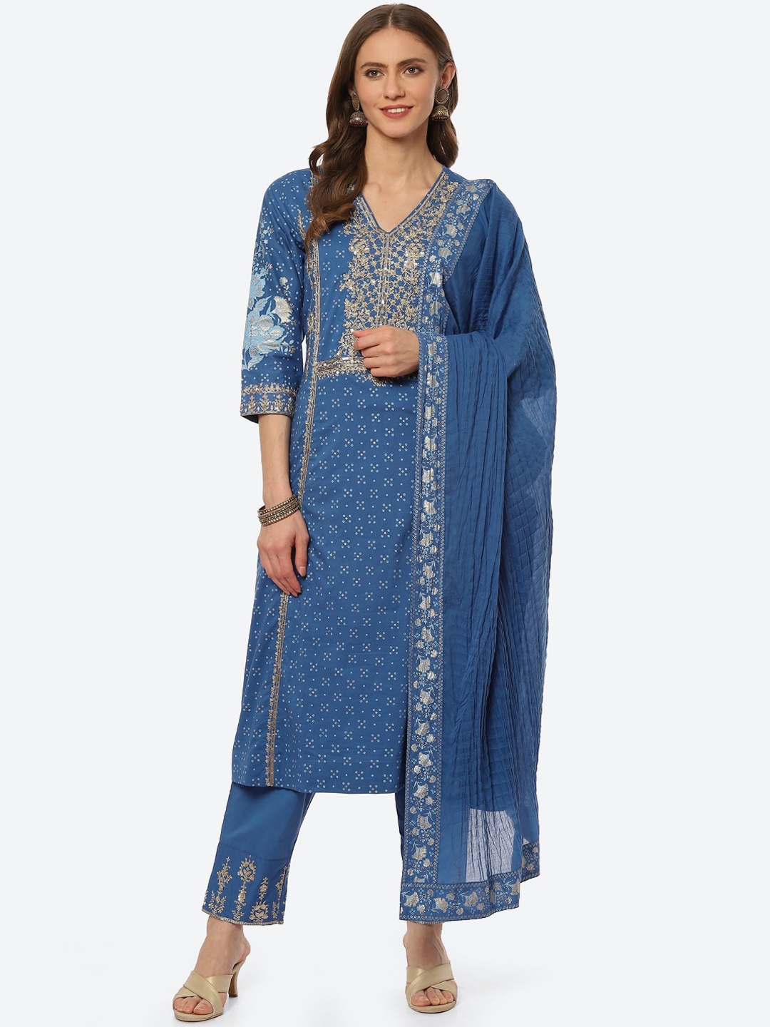 

Biba Women Blue Printed Sequinned Kurta with Trousers & Dupatta