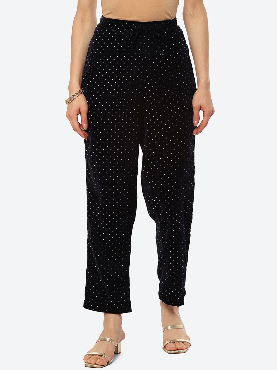 

Biba Women Navy Blue Printed Relaxed Straight Fit High-Rise Trousers