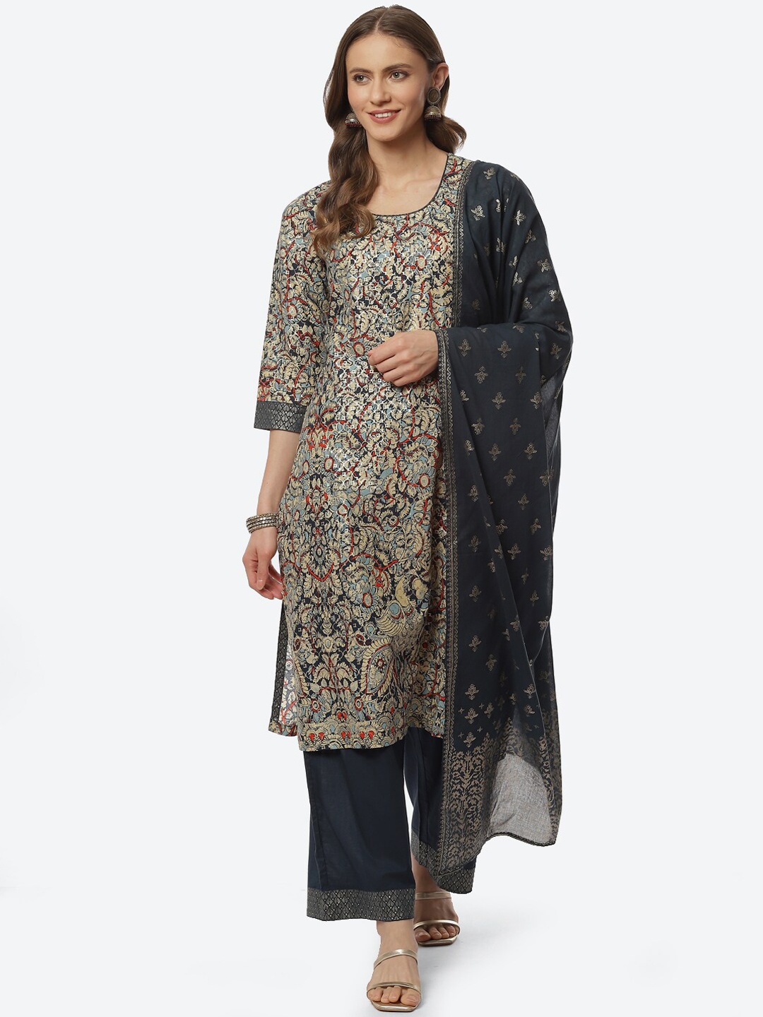 

Biba Women Blue Ethnic Motifs Printed Kurta with Palazzos & With Dupatta