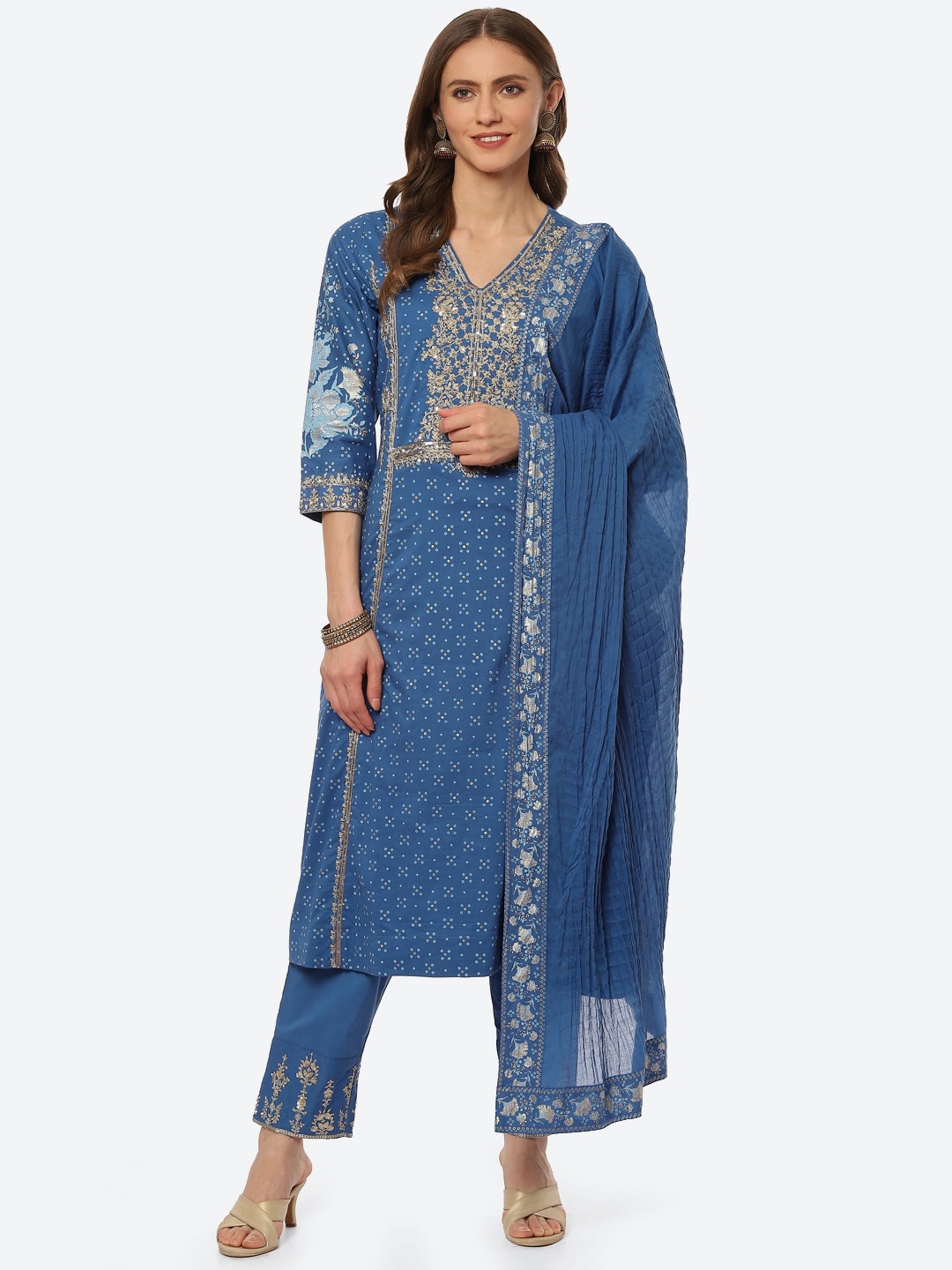 

Biba Women Blue Printed Thread Work Kurta with Trousers & With Dupatta