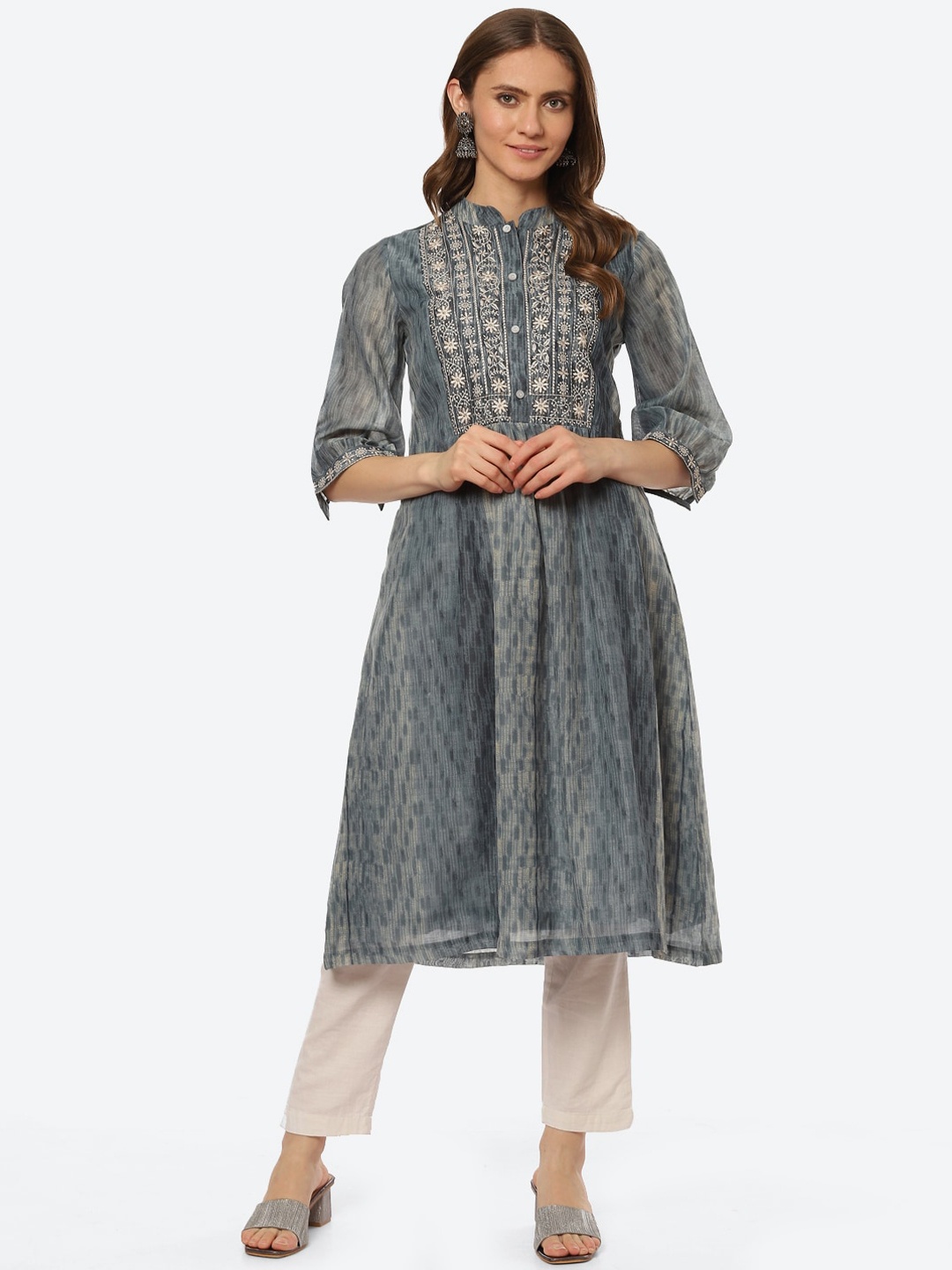 

Biba Women Grey Floral Yoke Design Thread Work Anarkali Kurta