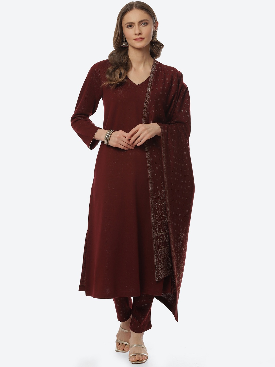 

Biba Women Maroon Ethnic Motifs Kurta &Trousers With Dupatta