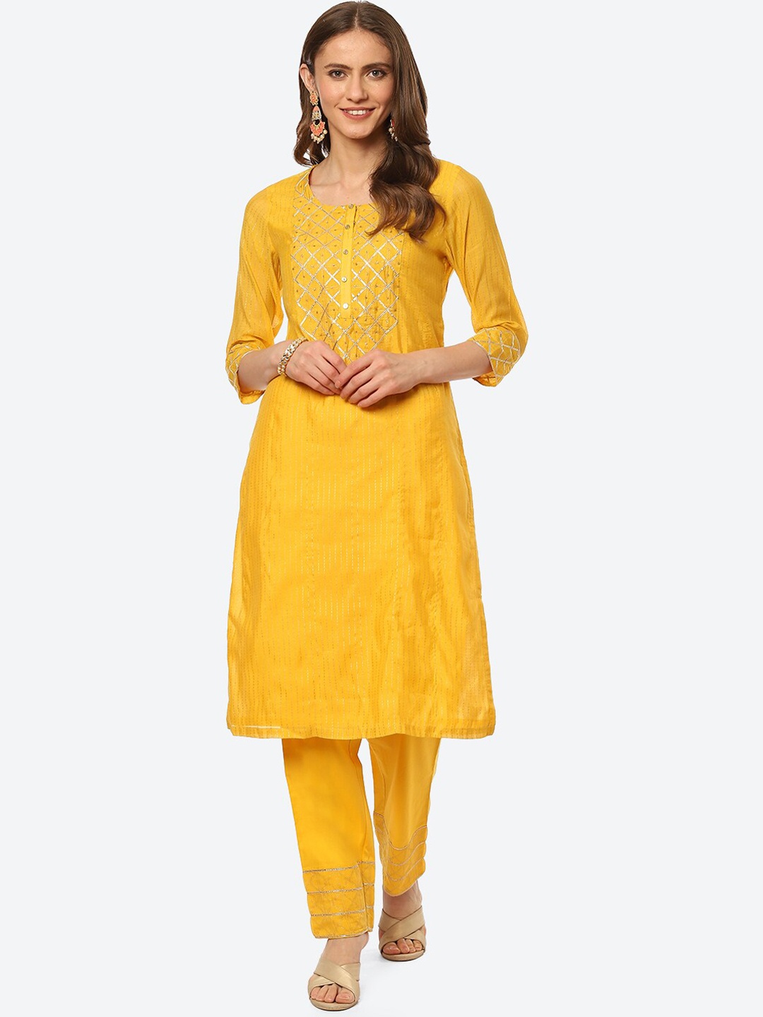 

Biba Women Yellow Yoke Design Gotta Patti Kurta with Trouser