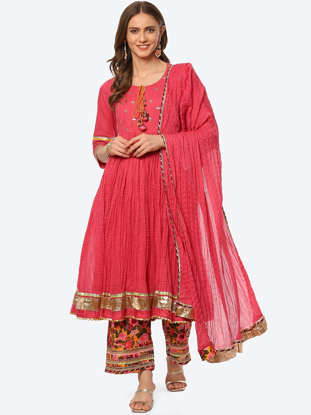 

Biba Women Pink Floral Printed Gotta Patti Kurta with Trousers & With Dupatta