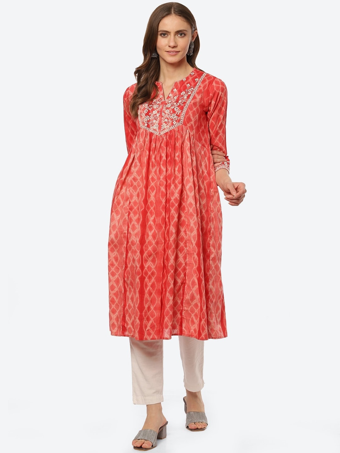 

Biba Women Red Floral Printed Thread Work A-line Kurta