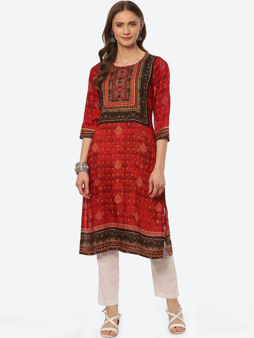 

Biba Women Red & White Ethnic Motifs Printed Straight Kurta
