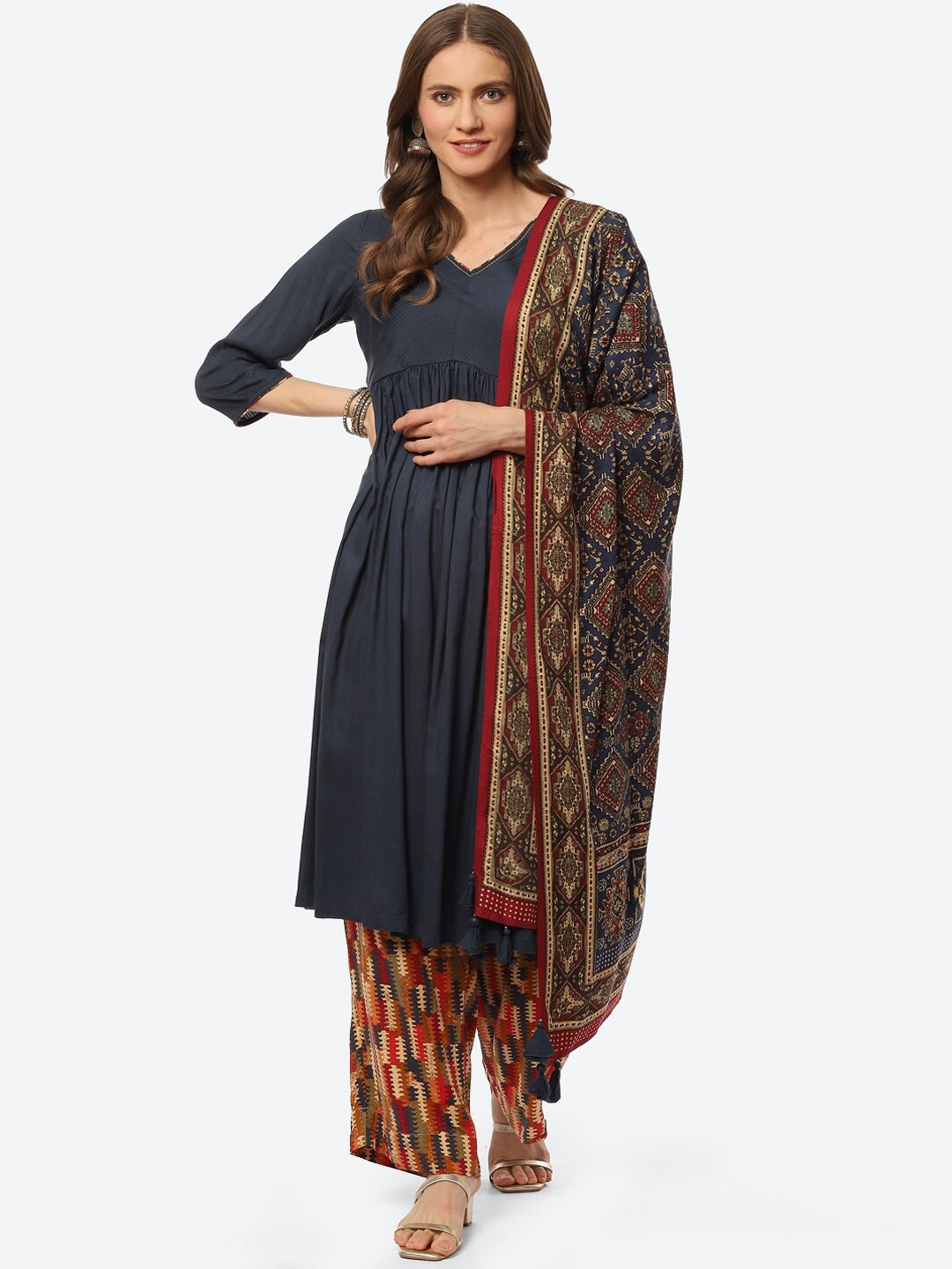 

Biba Women Navy Blue Empire Thread Work Kurta with Palazzos & With Dupatta