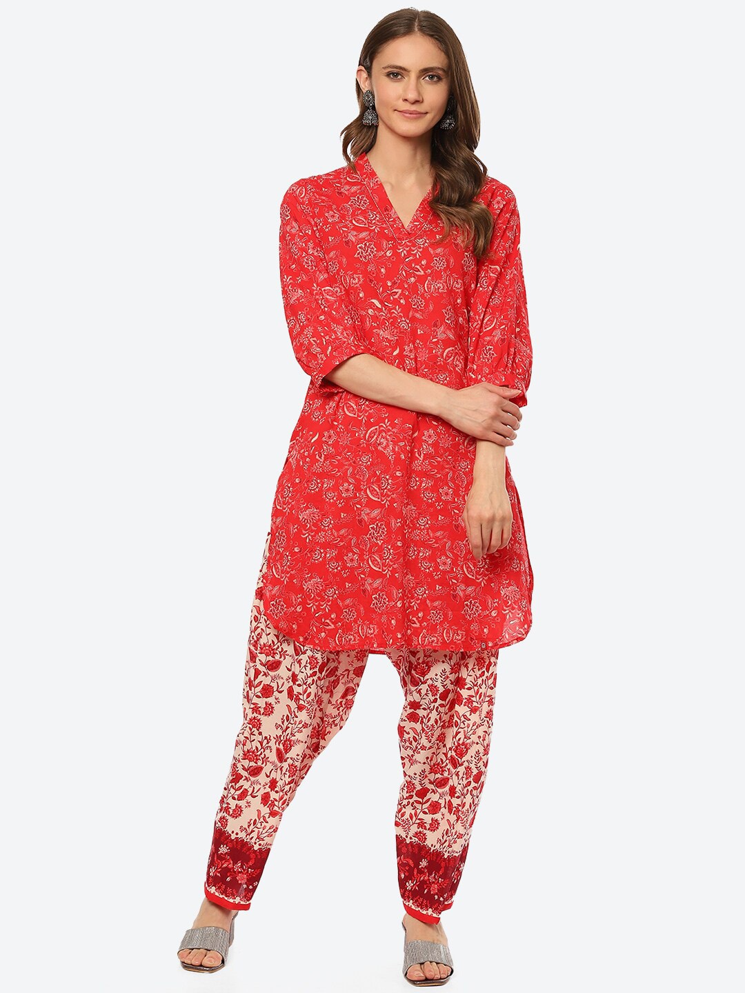 

Biba Women Red Floral Printed Kurta with Trousers