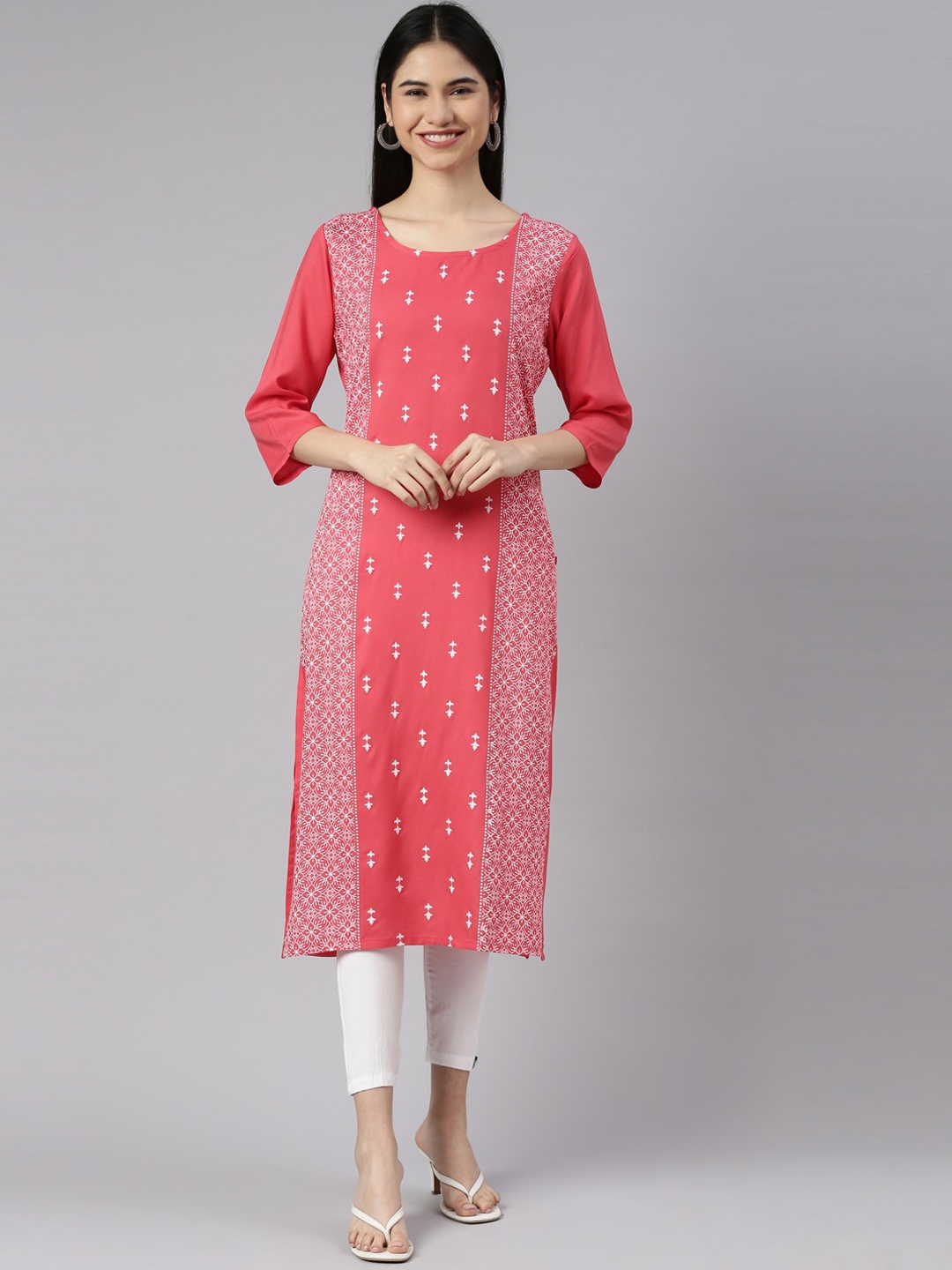 

Marcia Women Pink And White Ethnic Motifs Print Straight Kurta