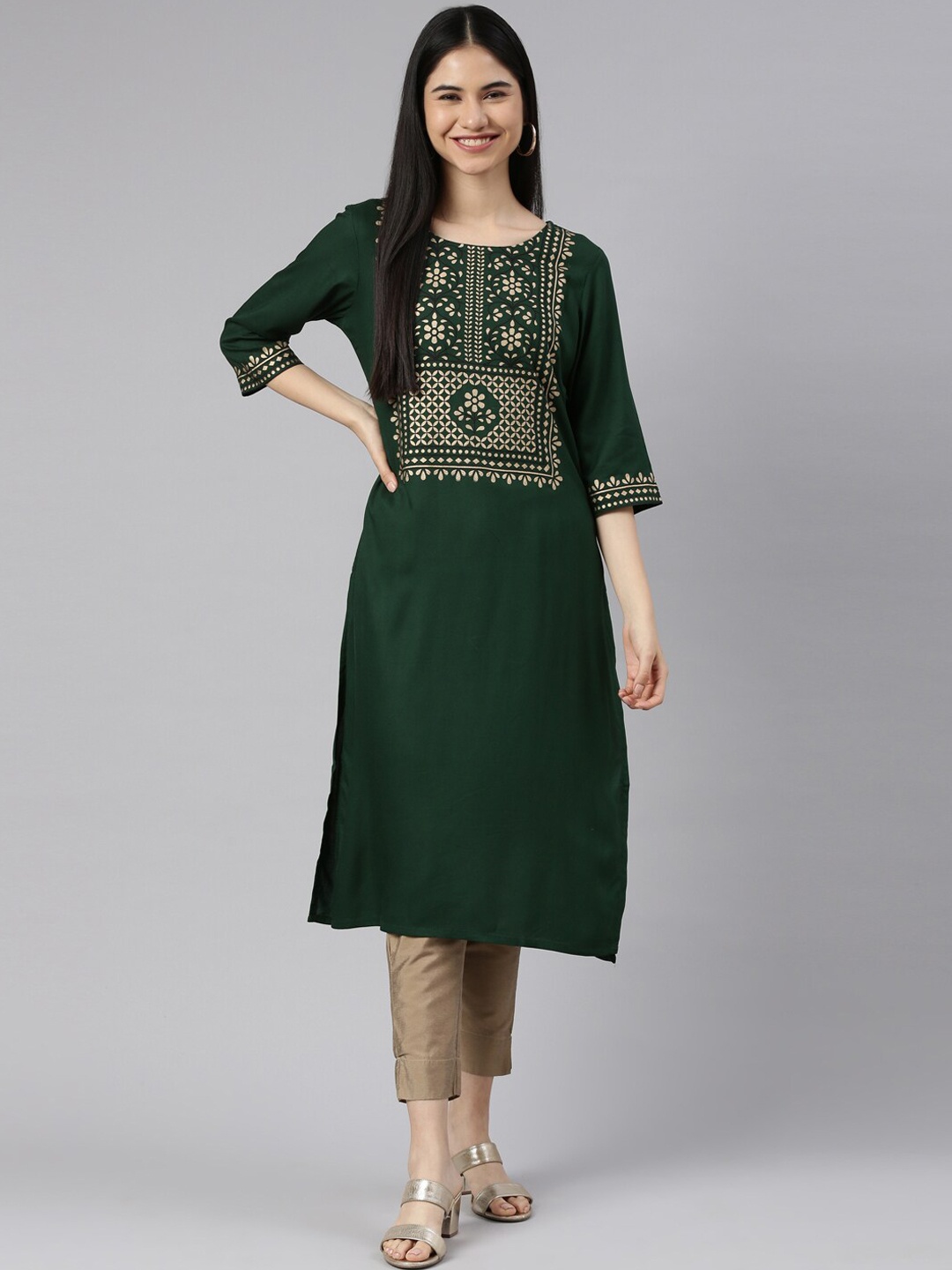 

Marcia Women Green & Beige Floral Yoke Design Indie Prints Kurta