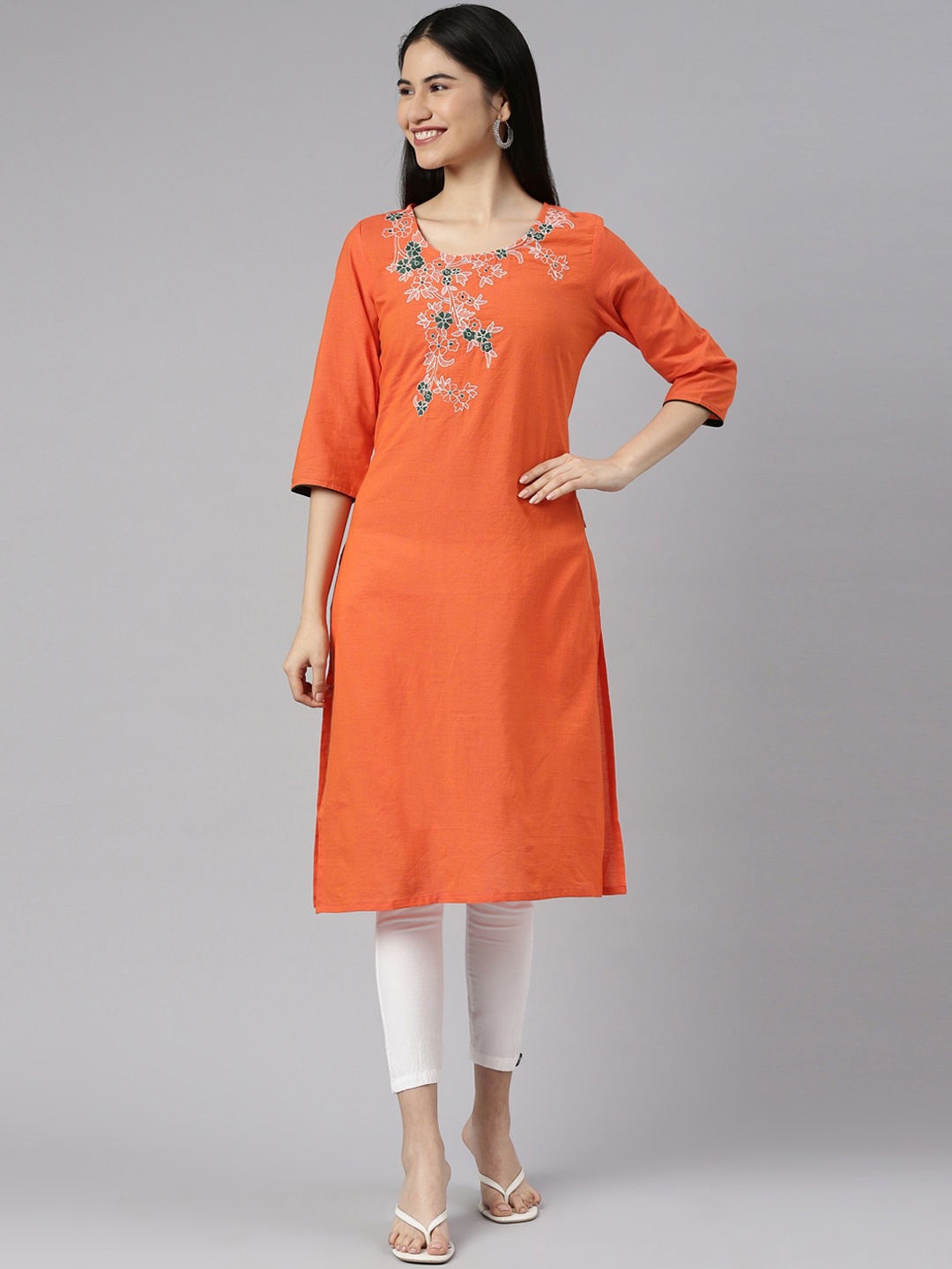 

Marcia Women Orange Floral Yoke Design Thread Work Indie Prints Kurta