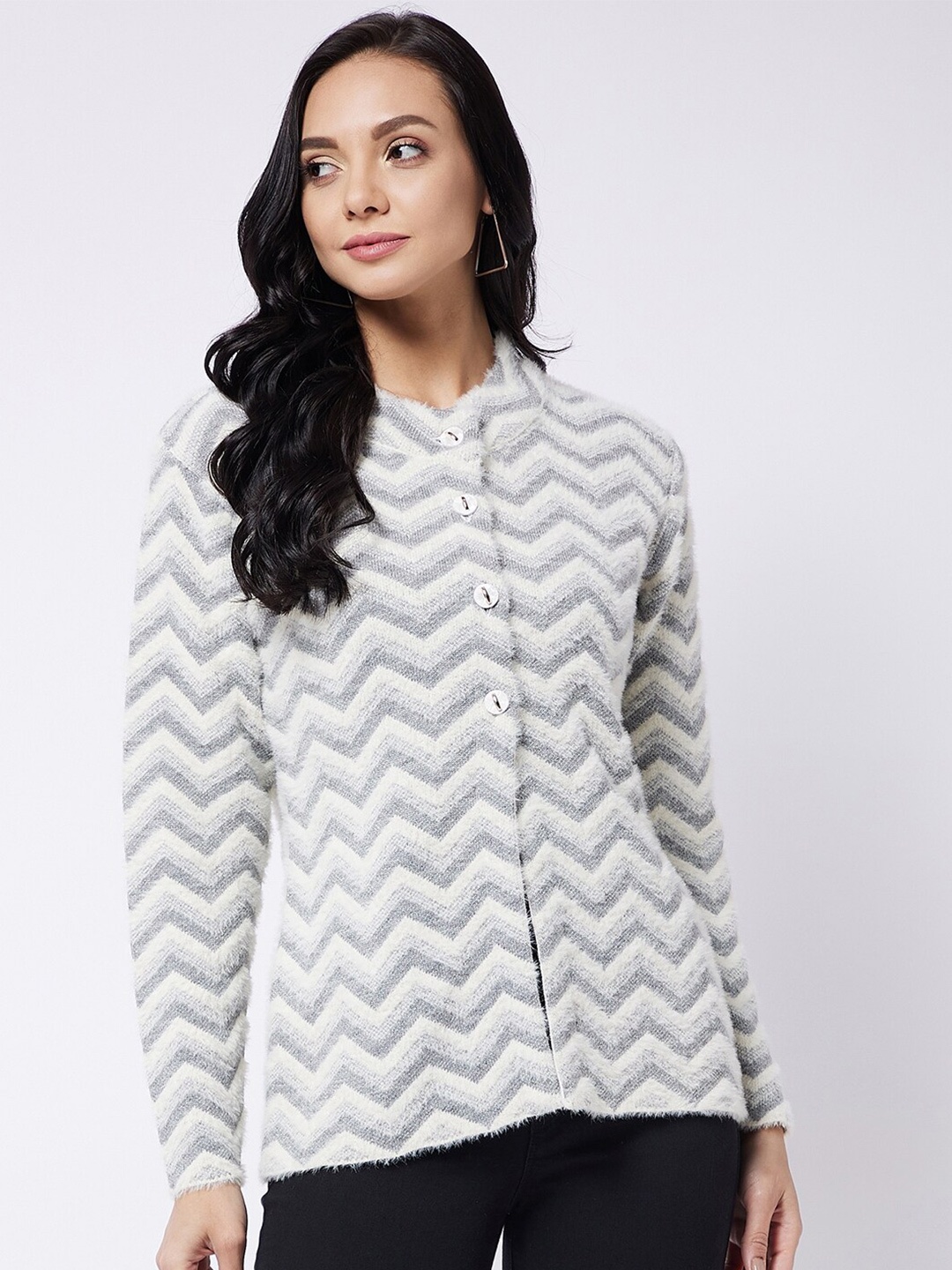 

RIVZA Women Grey & White Self Design Acrylic Cardigan