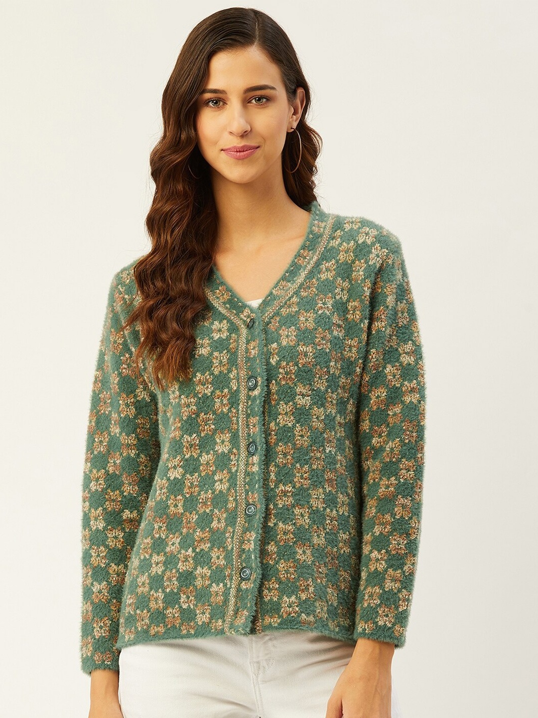 

RIVZA Women Green & Brown Floral Printed Acrylic Cardigan