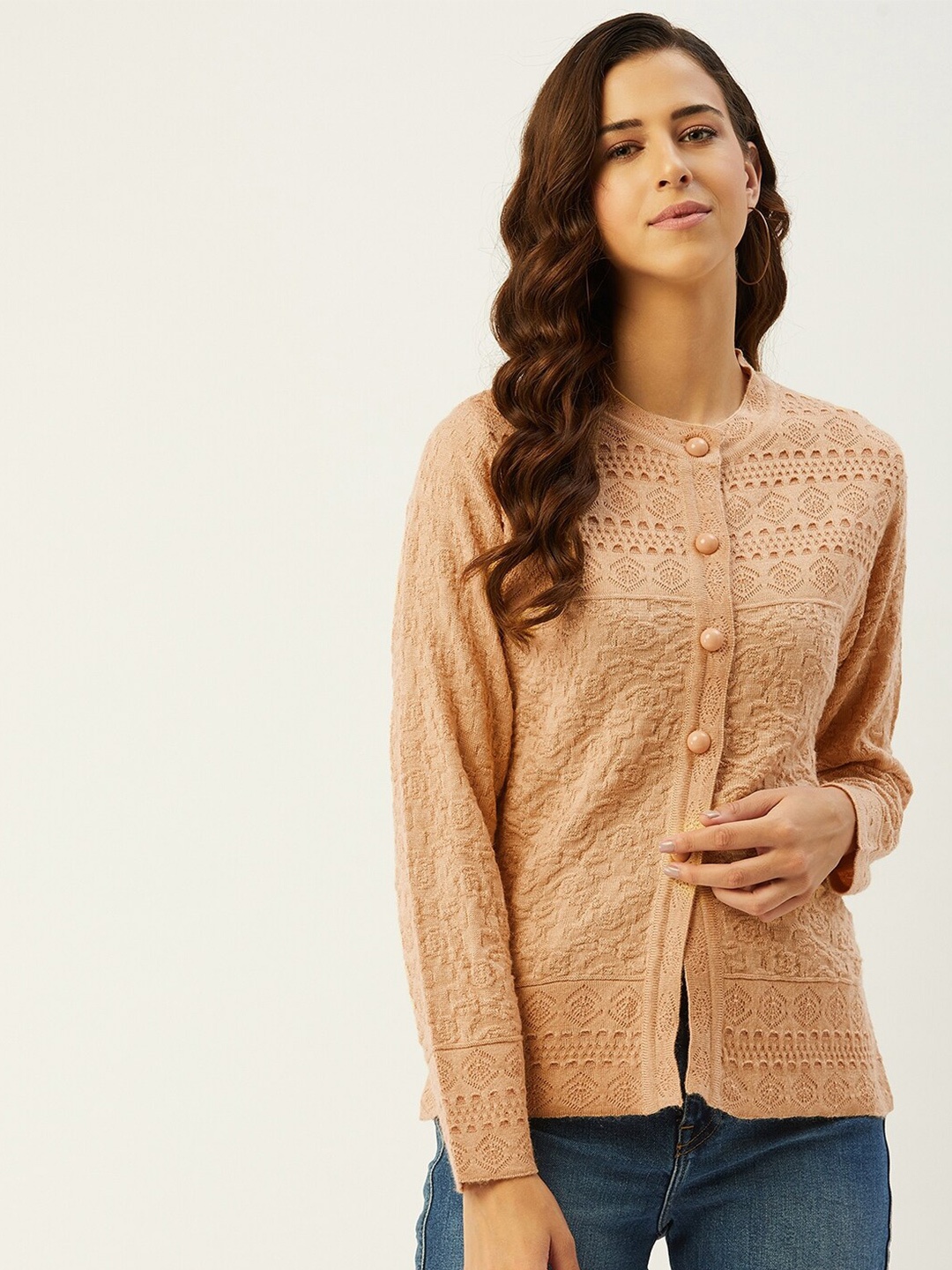 

RIVZA Women Camel Brown Self Design Round Neck Acrylic Cardigan