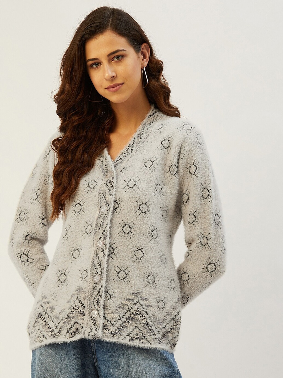 

RIVZA Women Grey & Black Self Design Cardigan