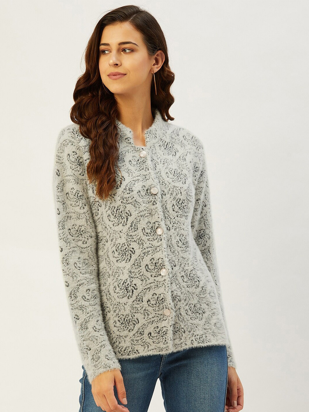 

RIVZA Women Grey & Green Floral Cardigan