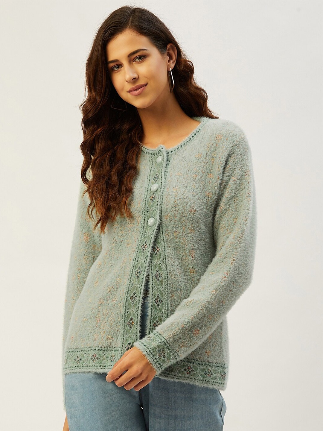 

RIVZA Women Green & Beige Floral Cardigan