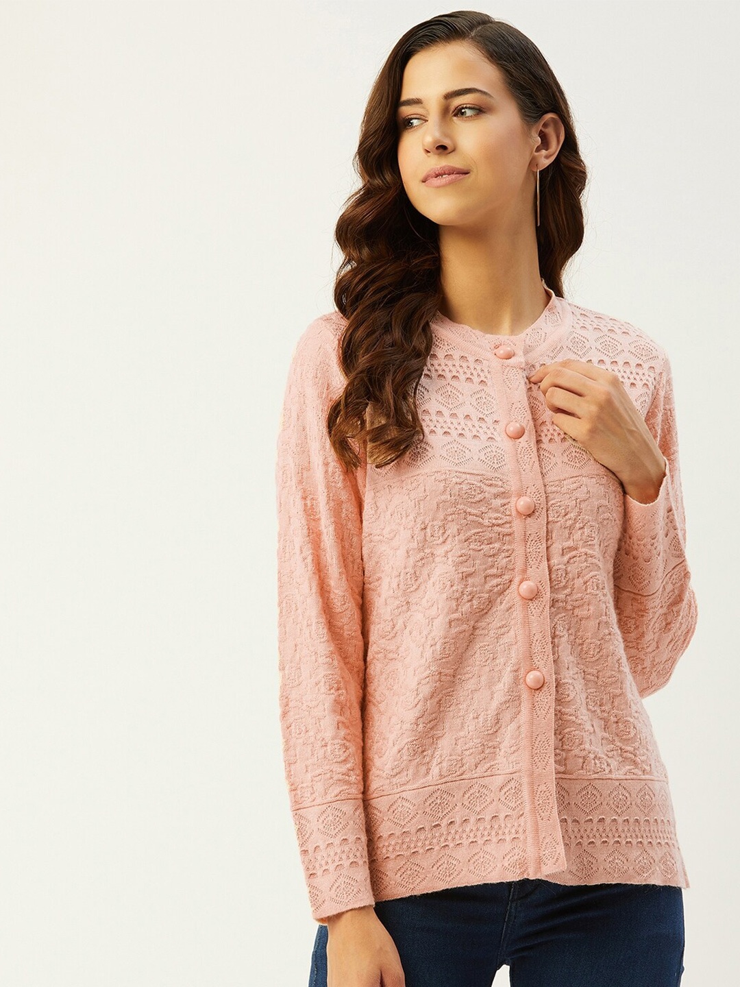 

RIVZA Women Peach-Coloured Floral Cardigan