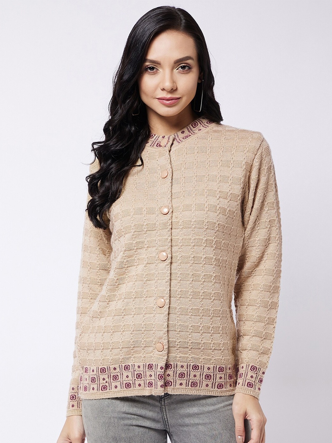

RIVZA Women Camel Brown & Magenta Cable Knit Cardigan