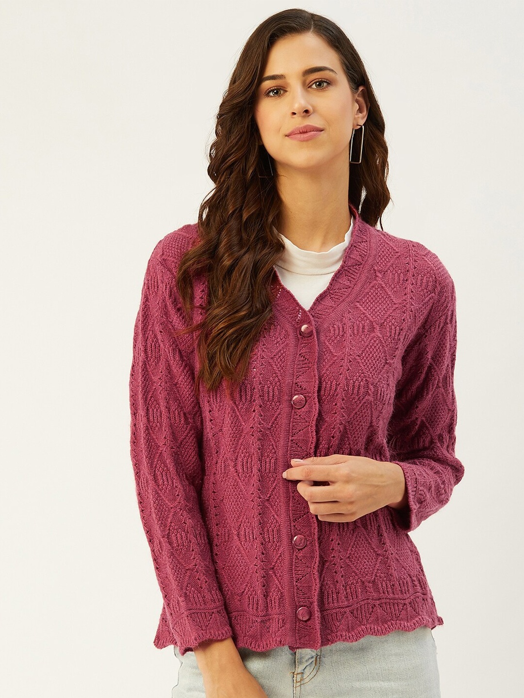 

RIVZA Women Magenta Self Designed V-Neck Acrylic Cardigan