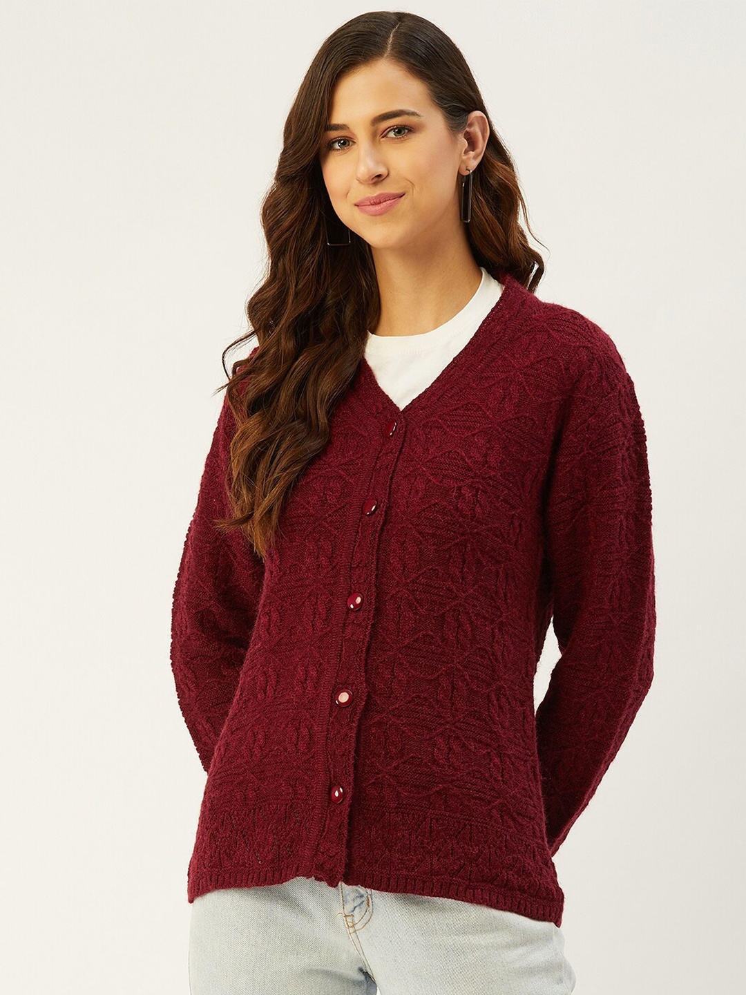 

RIVZA Women Maroon Self Design Cardigan