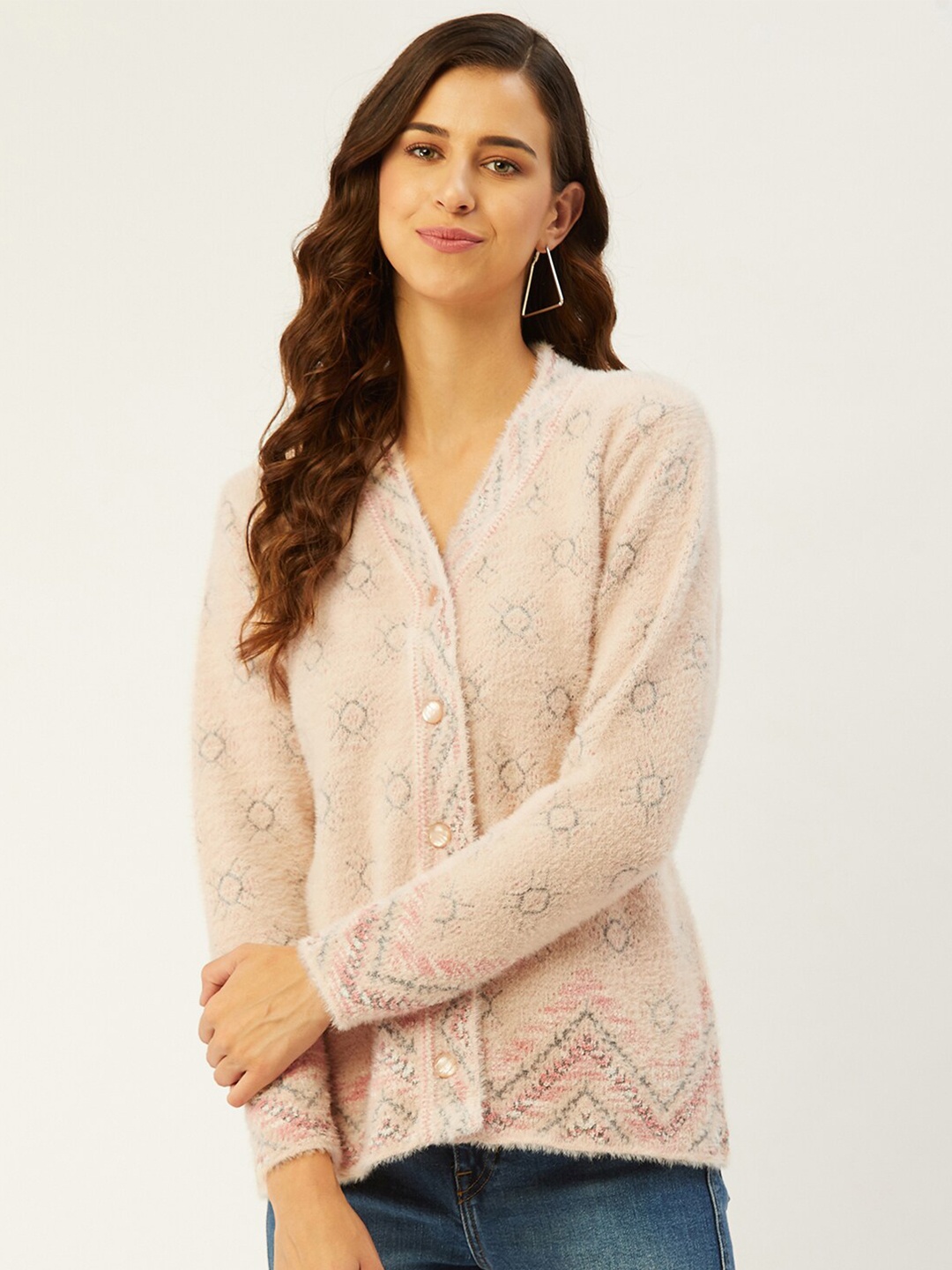 

RIVZA Women Pink & Cream-Coloured Floral Cardigan