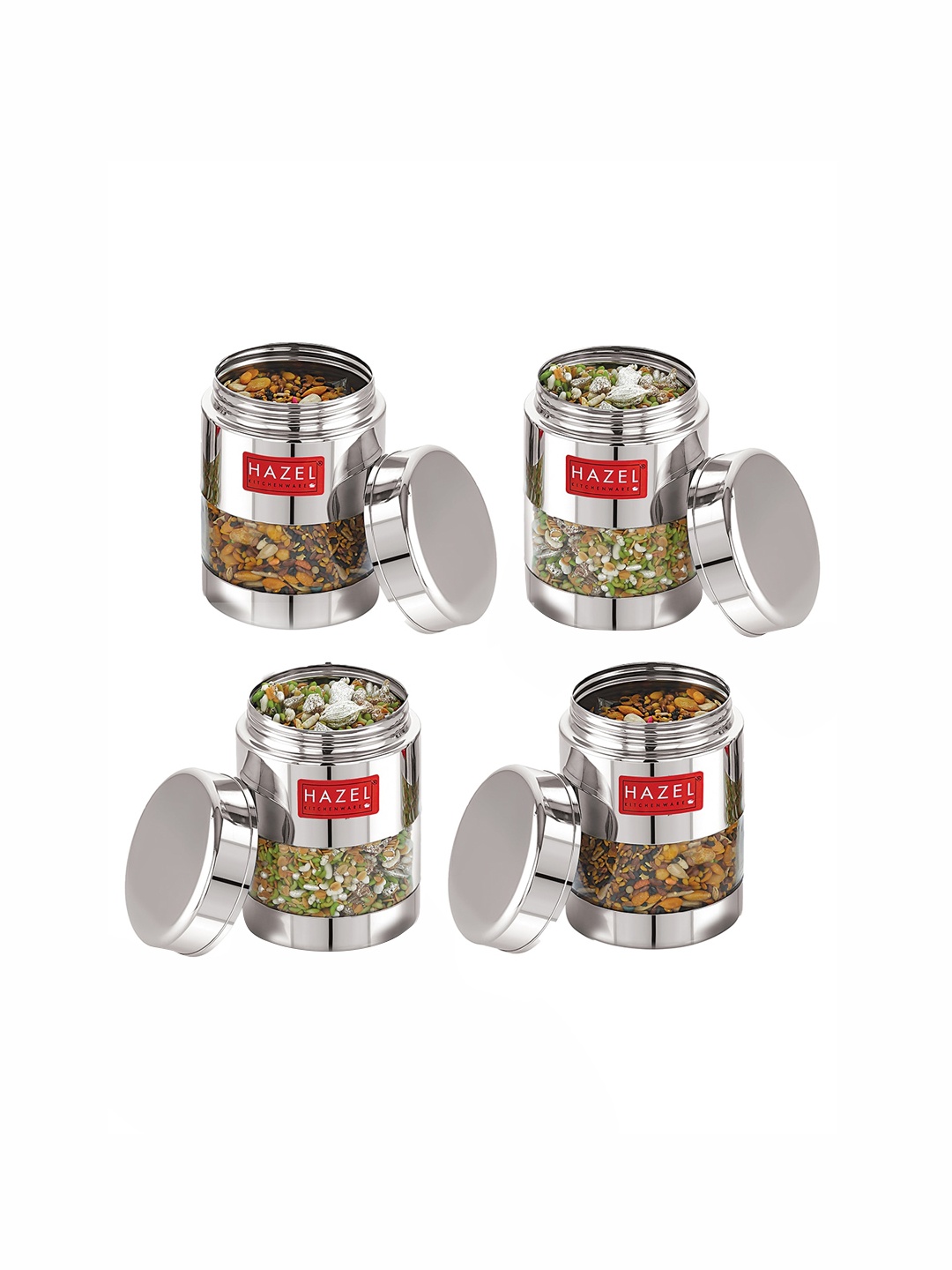 

HAZEL Set Of 4 Dishwasher Safe Stainless Steel Airtight Mukhwas Container Jars, Silver