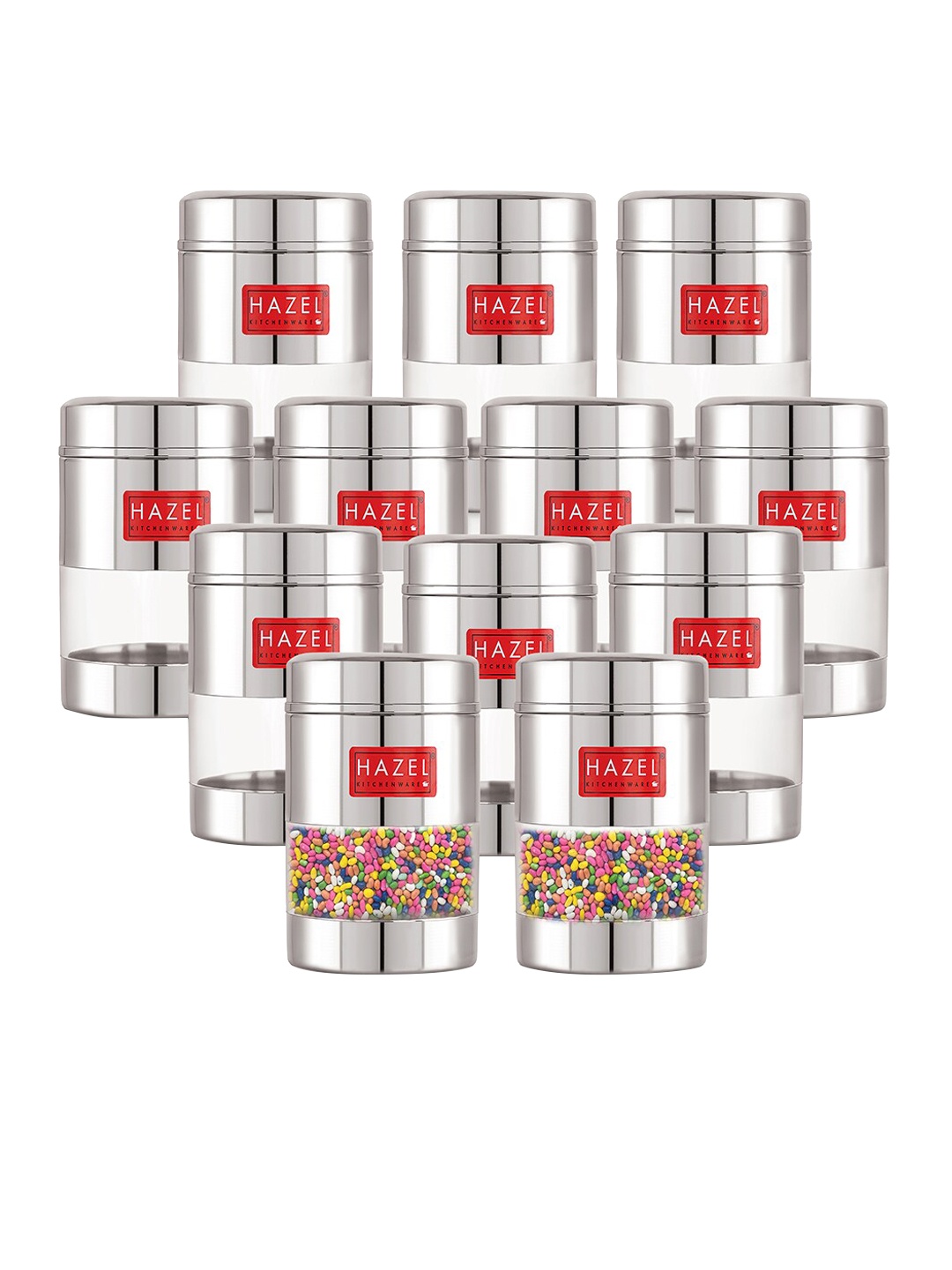 

HAZEL Set Of 12 Stainless Steel Kitchen Storage Airtight Mukhwas Container Jars, Silver
