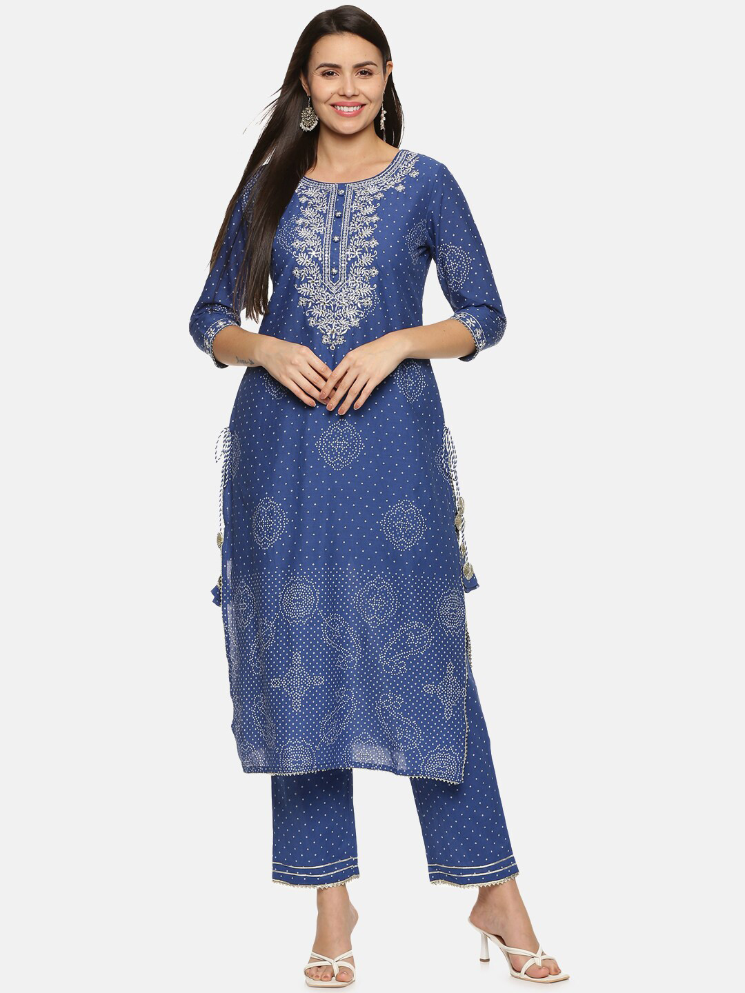 

Palakh Women Blue Bandhani Embroidered Thread Work Pure Cotton Kurta with Trouser Set