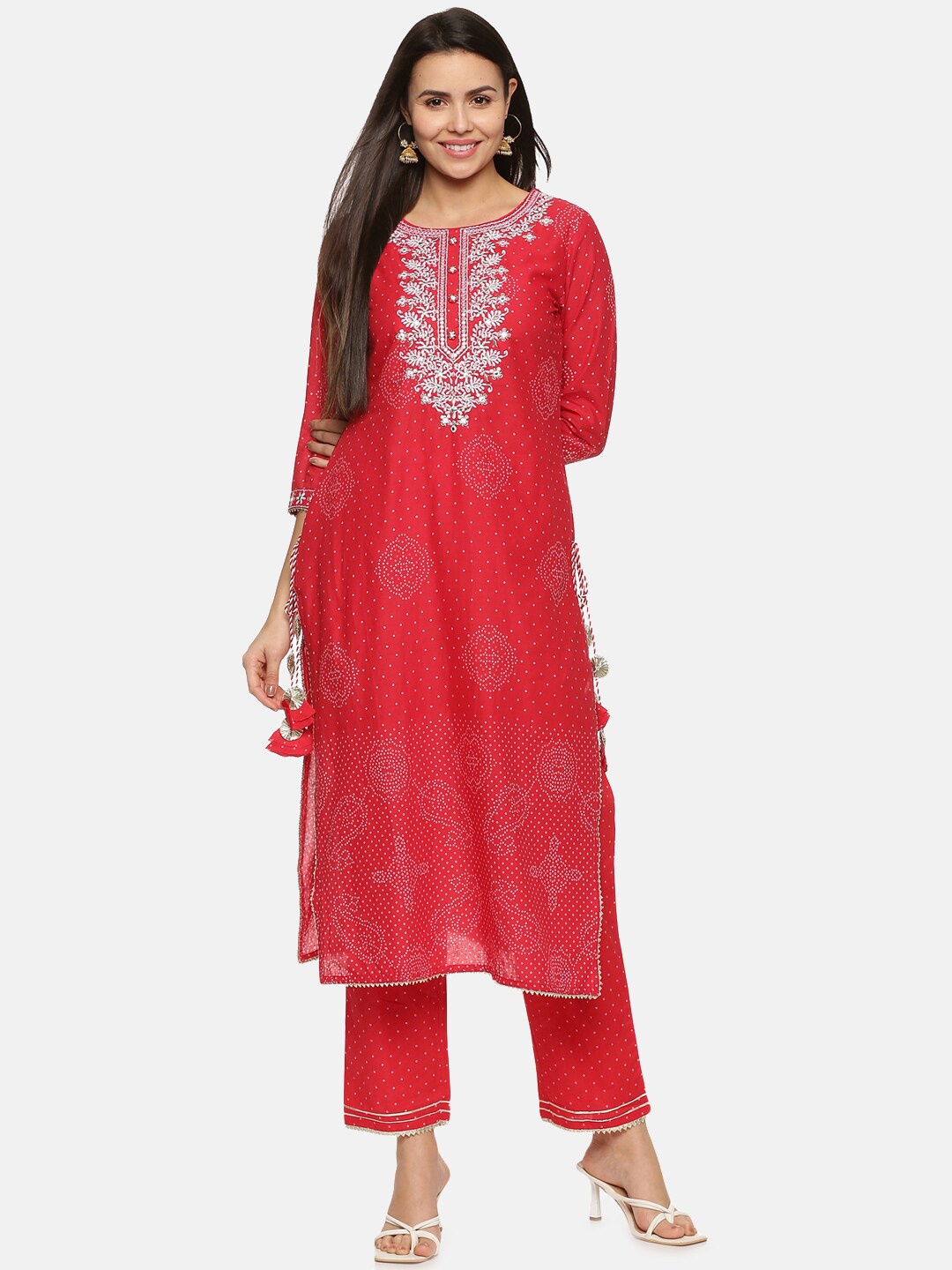 

Palakh Women Red Floral Embroidered Pure Cotton Kurta with Trousers